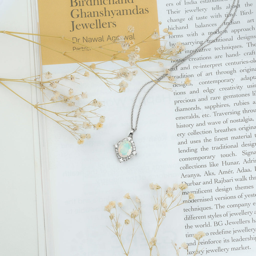 Vintage Inspired Oval Ethiopian Opal Halo Necklace with Chain