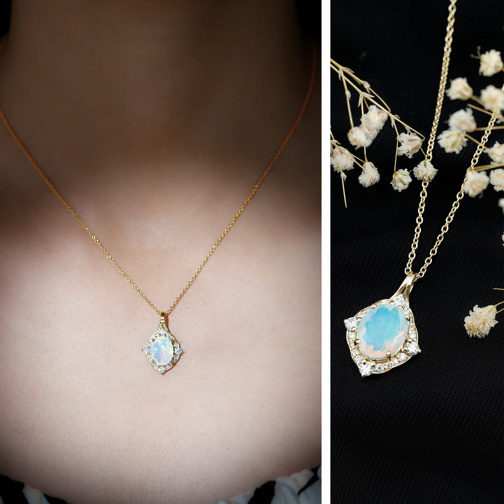 Vintage Inspired Oval Ethiopian Opal Halo Necklace with Chain