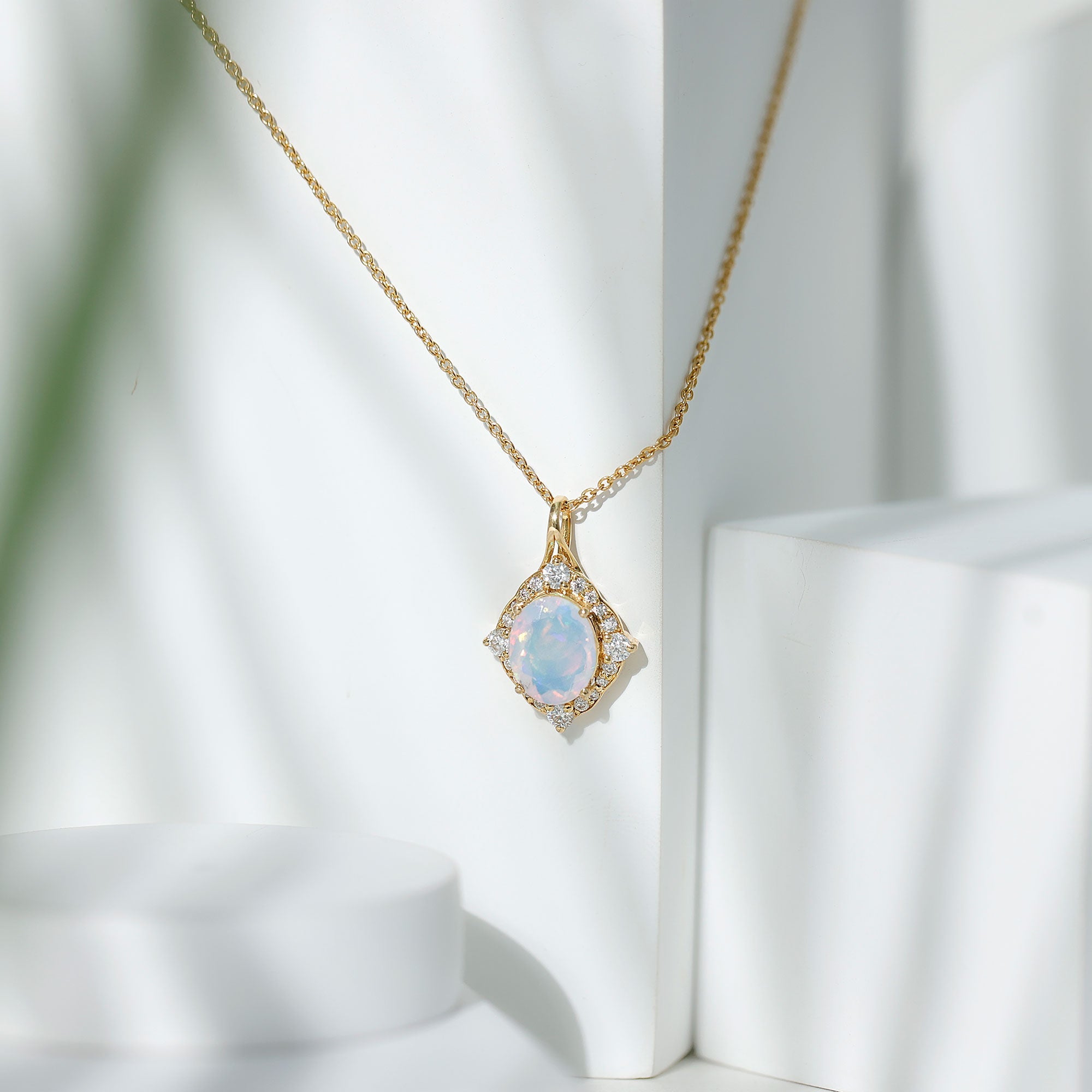 Vintage Inspired Oval Ethiopian Opal Halo Necklace with Chain