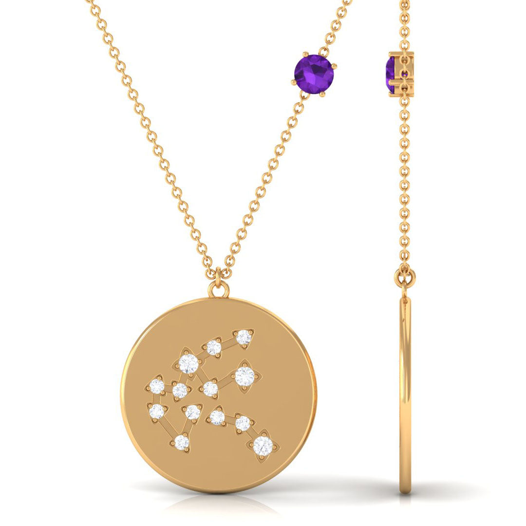 Certified Real Amethyst Aquarius Zodiac Disc Necklace