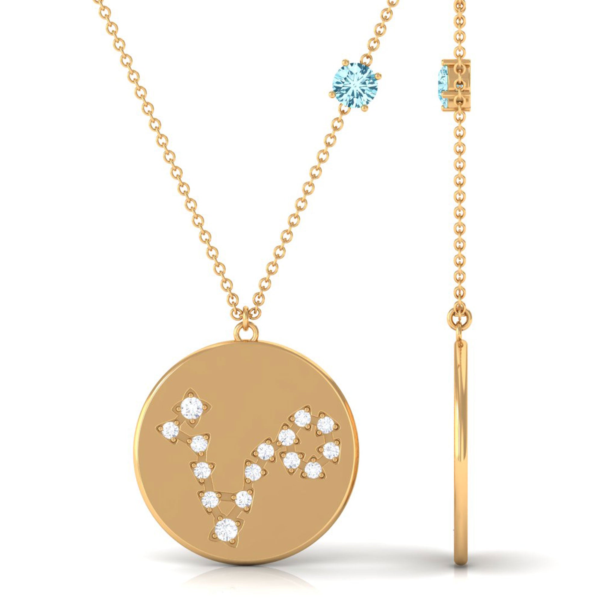 Certified Real Aquamarine Pisces Zodiac Disc Necklace with Diamond