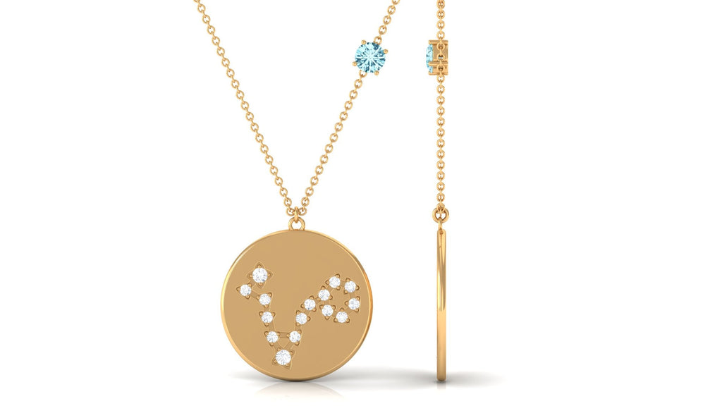 Certified Real Aquamarine Pisces Zodiac Disc Necklace with Diamond