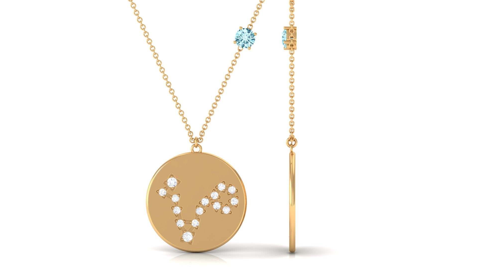 Certified Real Aquamarine Pisces Zodiac Disc Necklace with Diamond