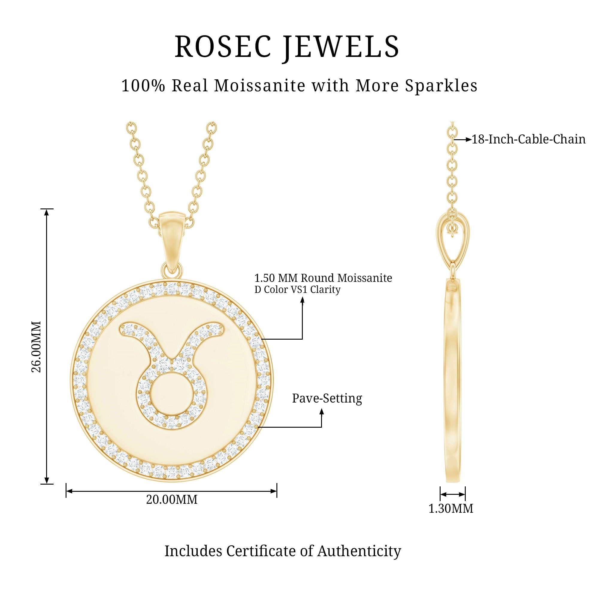 Certified Moissanite Taurus Zodiac Coin Necklace Pendant