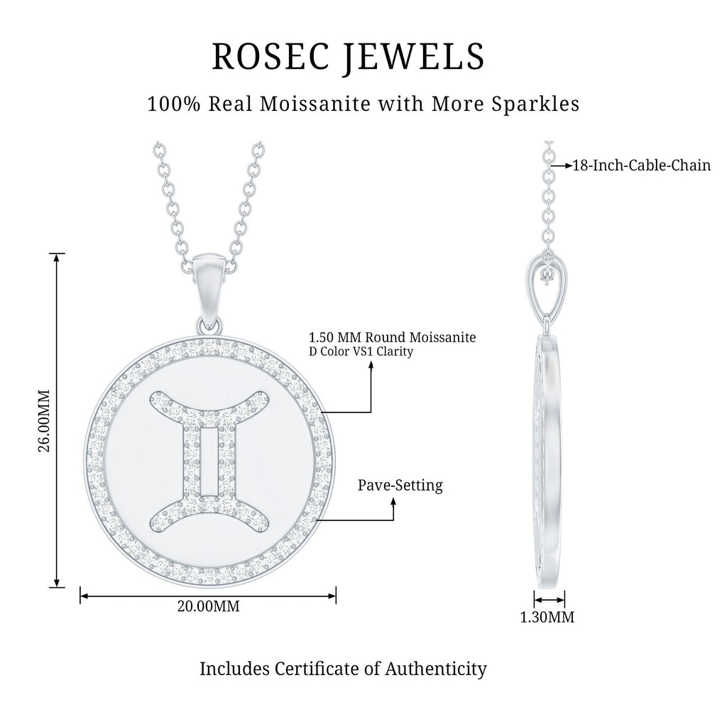 Gemini Zodiac Sign Pendant with Pave Set Moissanite