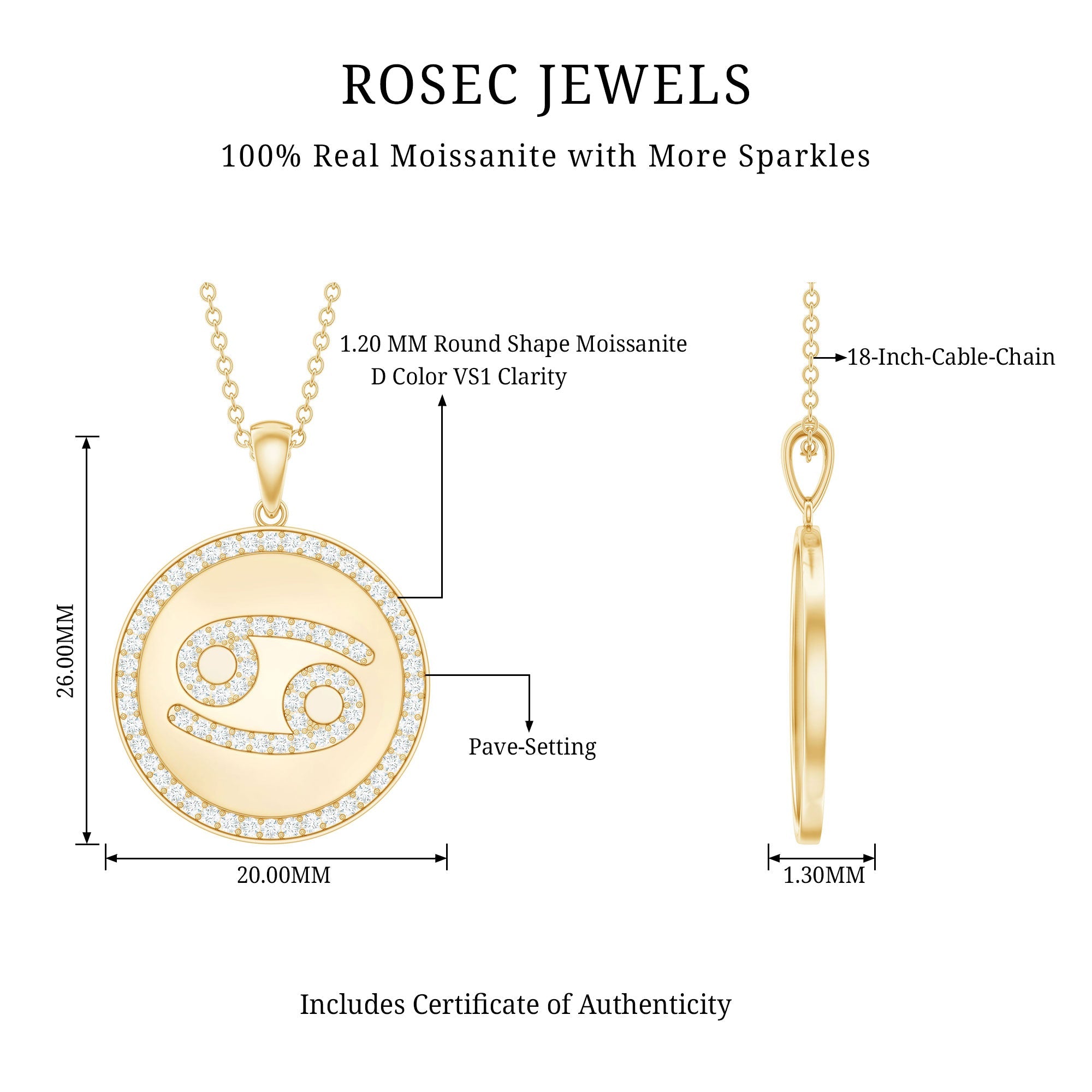 Pave Set Moissanite and Disc Cancer Sign Necklace