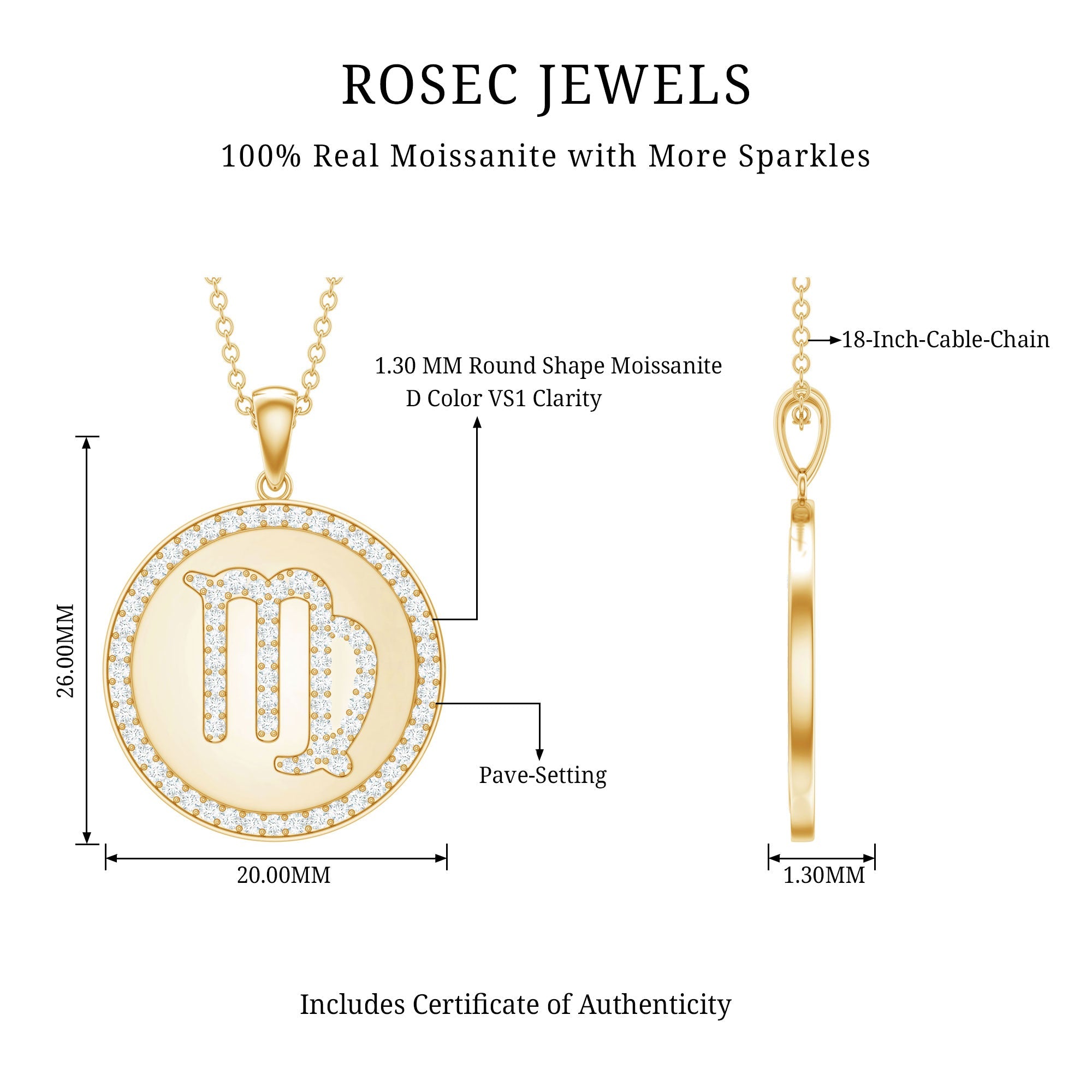 Virgo Zodiac Sign Disc Pendant with Pave Set Moissanite