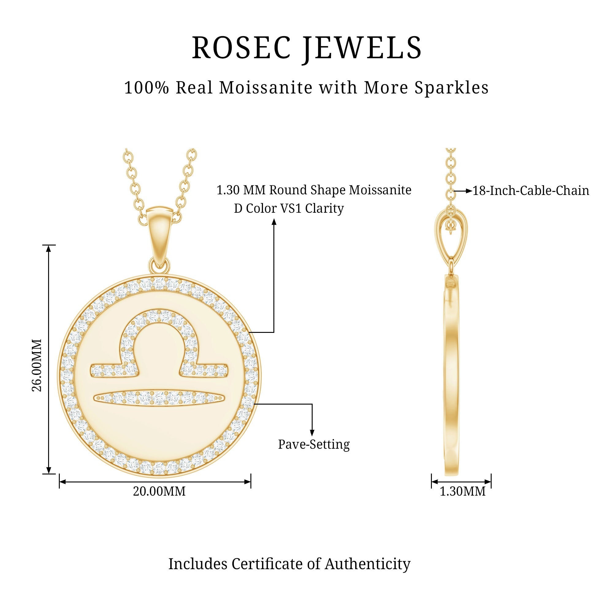 Certified Moissanite and Disc Libra Zodiac Pendant