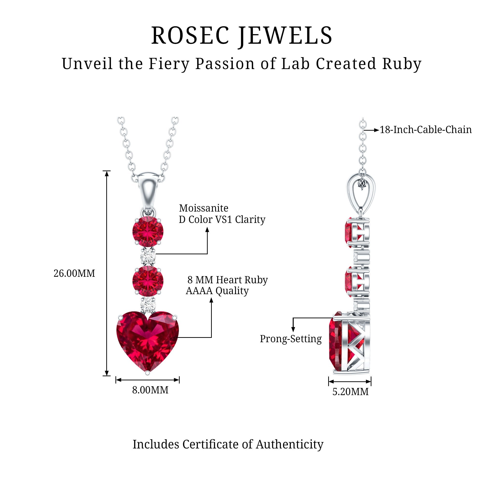 Created Ruby and Moissanite Heart Dangle Pendant Necklace