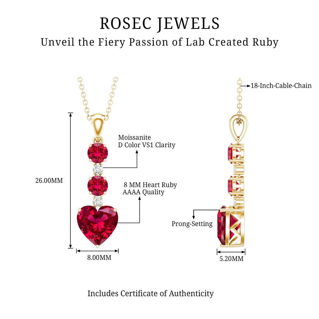 Created Ruby and Moissanite Heart Dangle Pendant Necklace