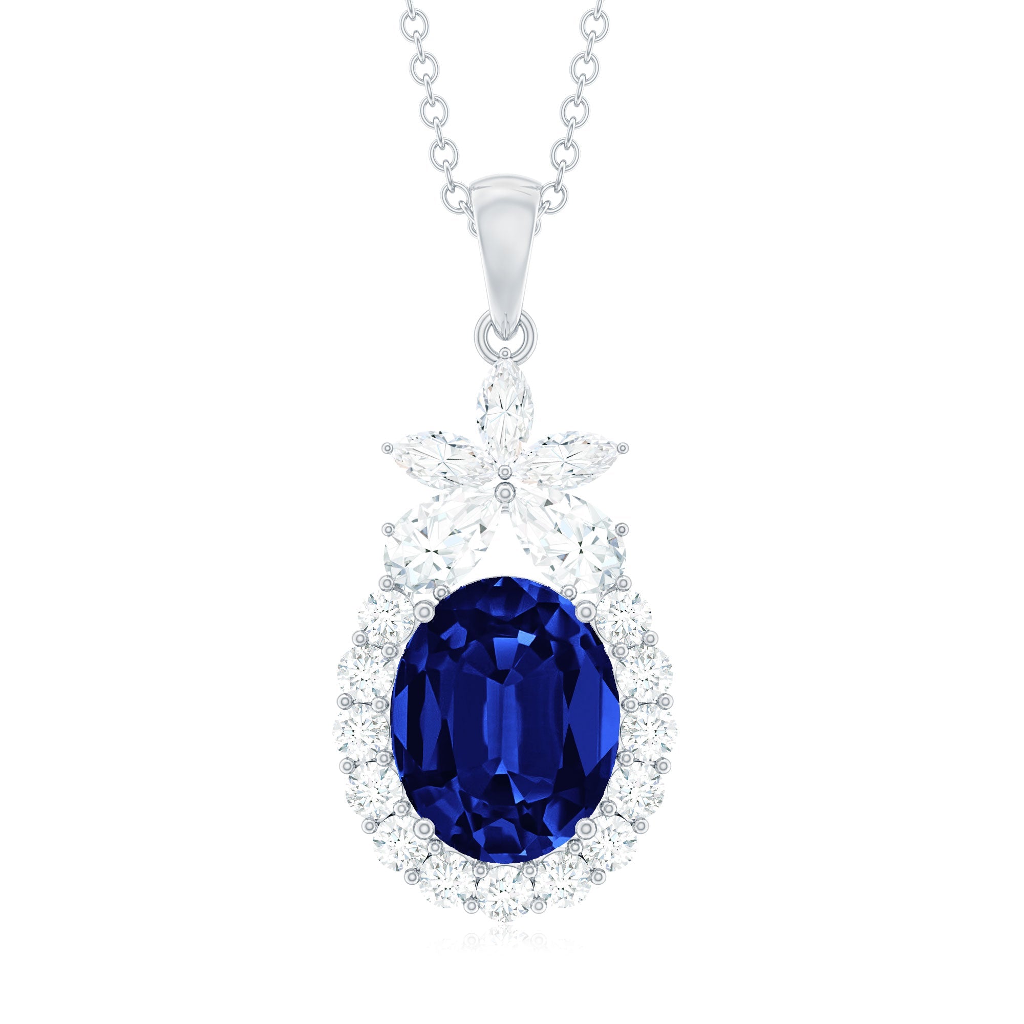 4 Carat Oval Shape Lab Created Blue Sapphire Statement Necklace with Moissanite