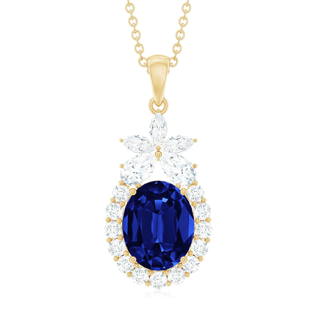 4 Carat Oval Shape Lab Created Blue Sapphire Statement Necklace with Moissanite