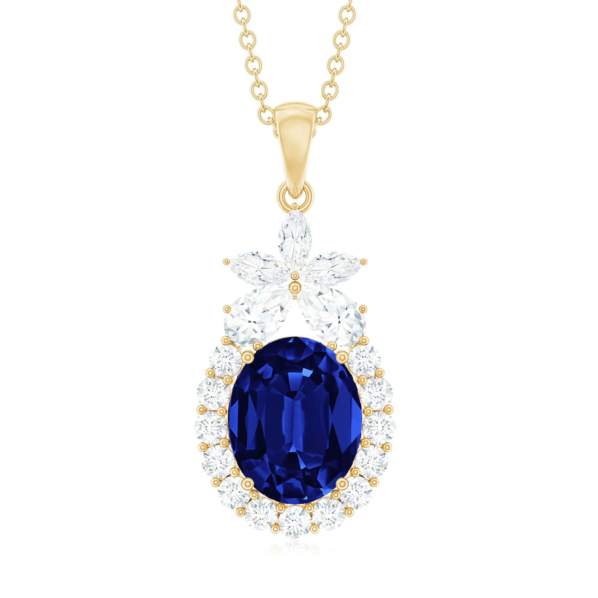 4 Carat Oval Shape Lab Created Blue Sapphire Statement Necklace with Moissanite
