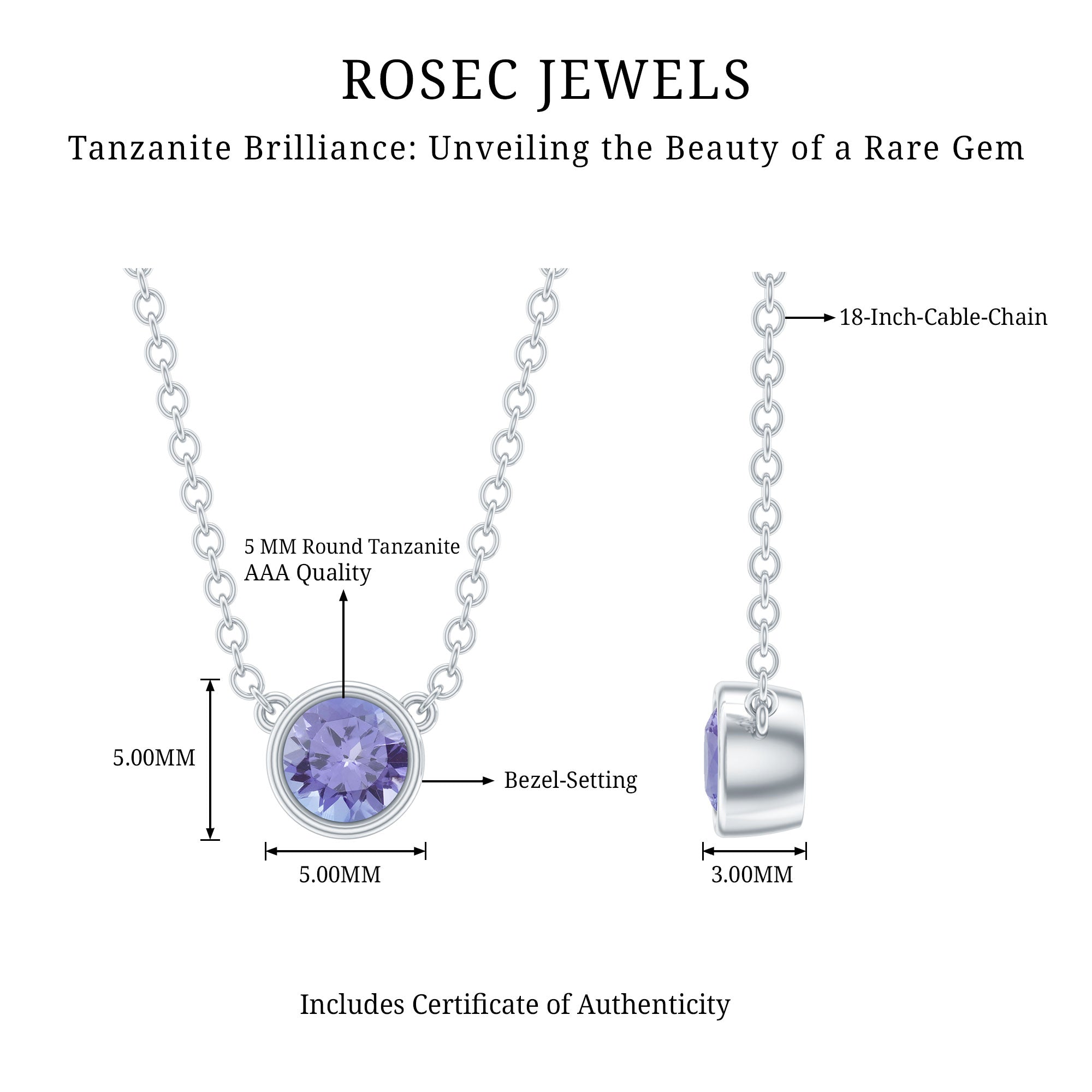 1/2 CT Tanzanite Solitaire Necklace in Bezel Setting