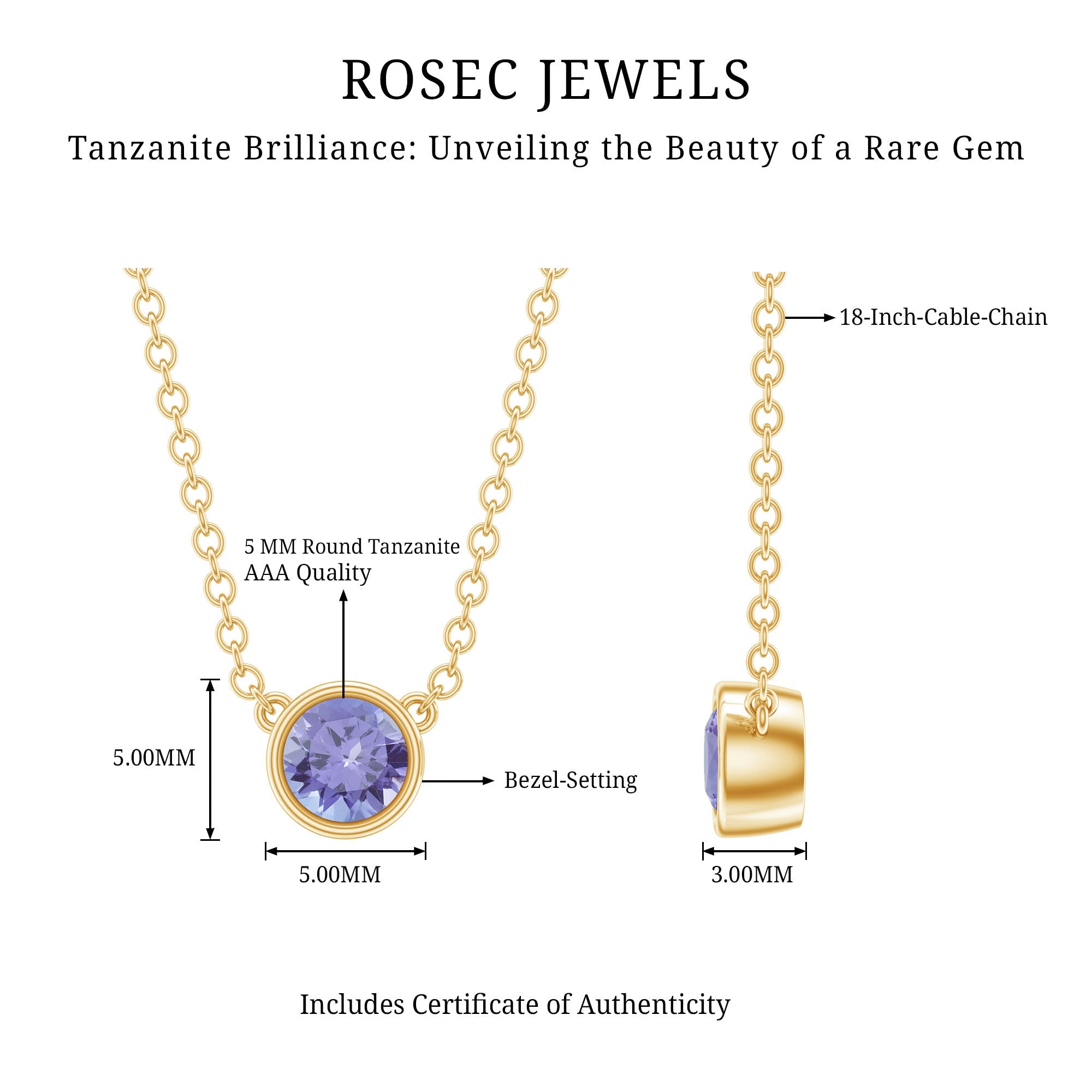 1/2 CT Tanzanite Solitaire Necklace in Bezel Setting
