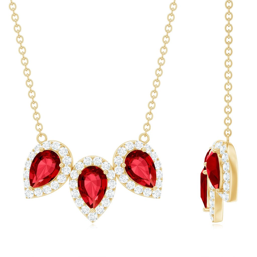 Pear Cut Lab Created Ruby Three Stone Necklace with Moissanite Halo