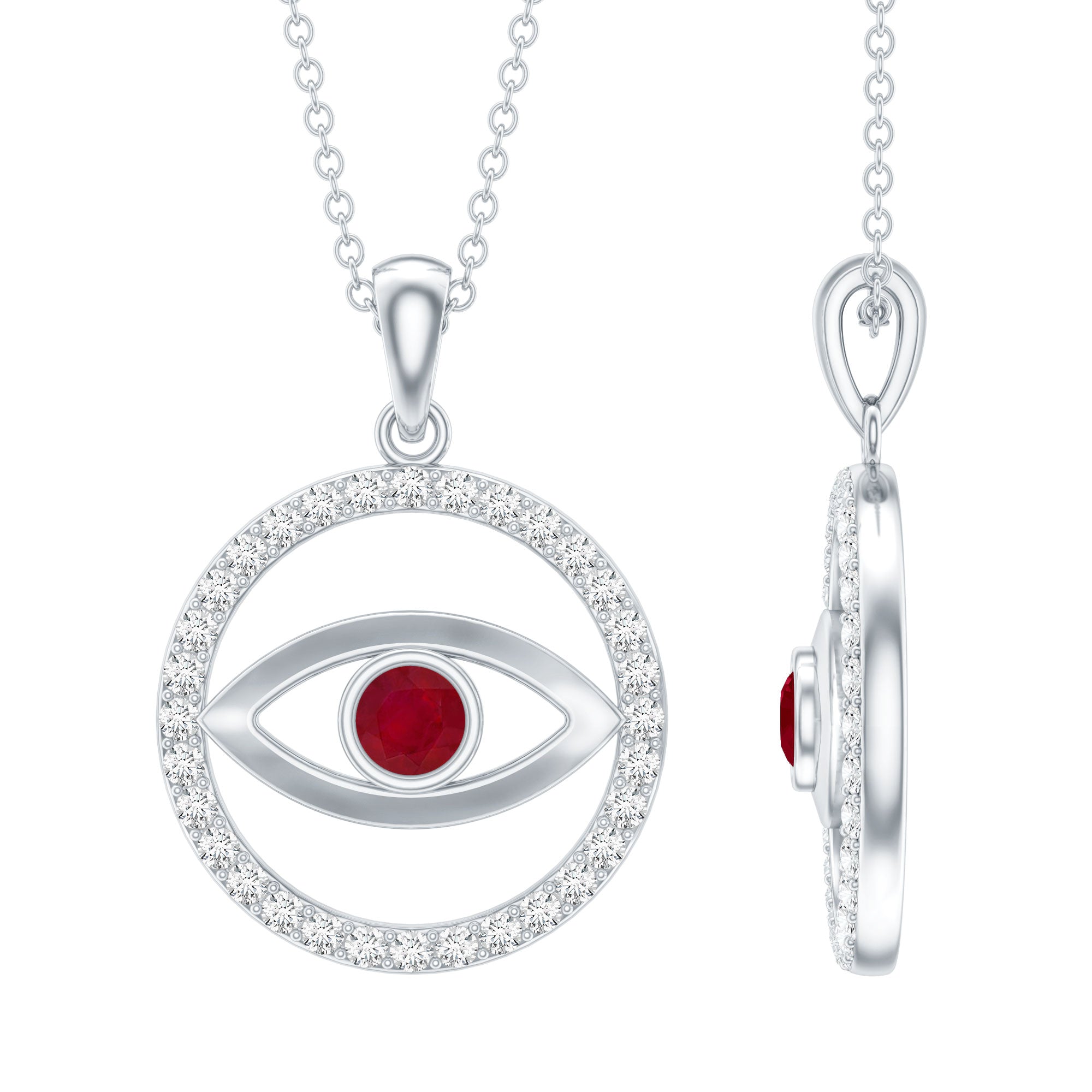 Real Ruby and Diamond Evil Eye Pendant Necklace