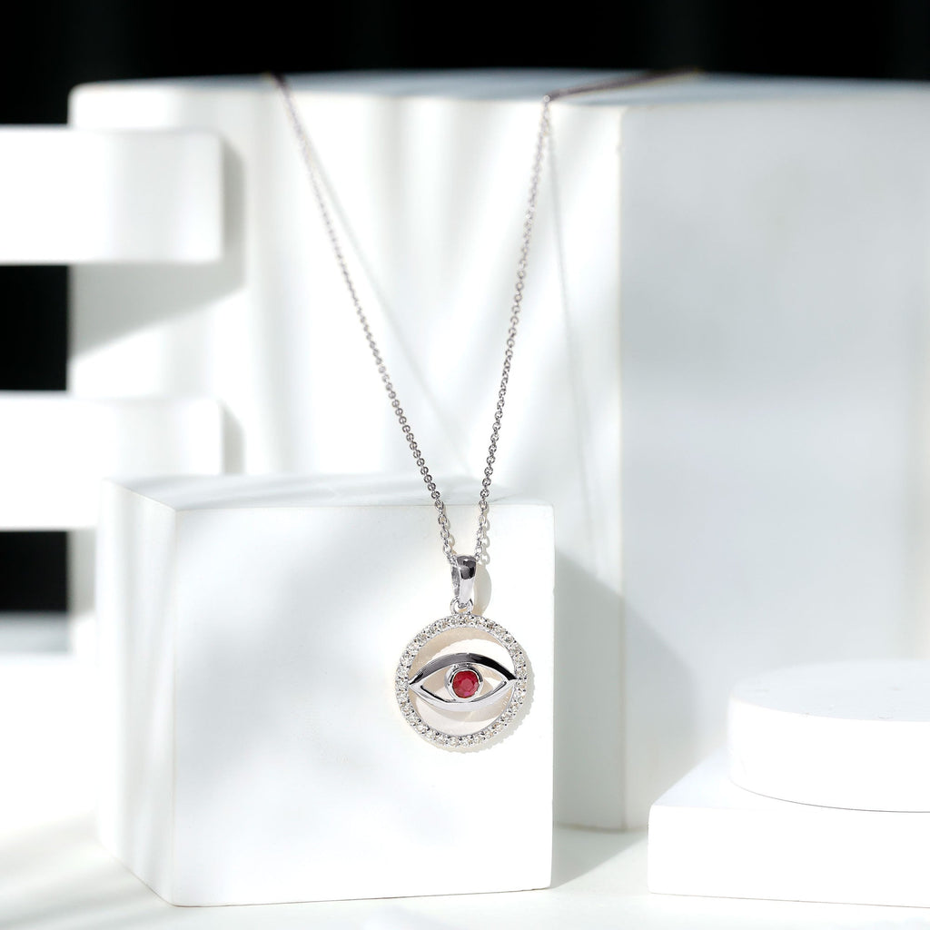 Real Ruby and Diamond Evil Eye Pendant Necklace