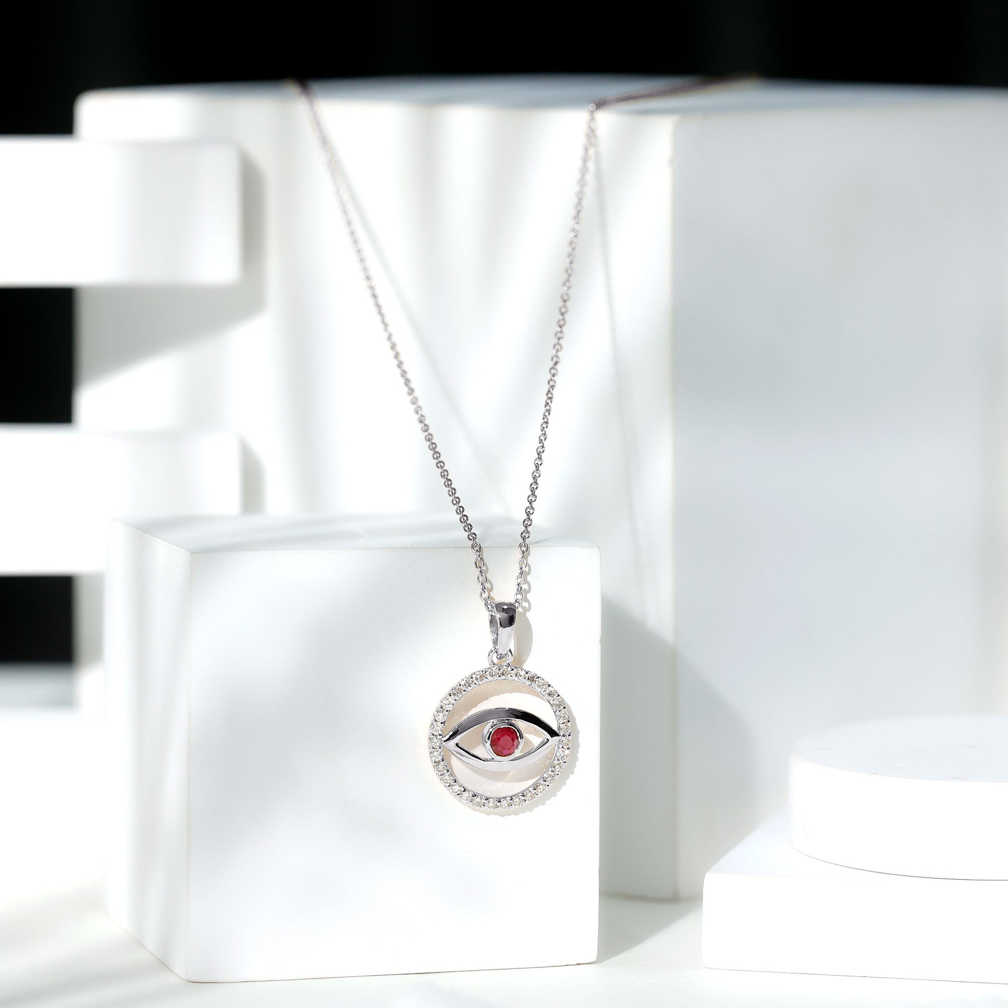 Real Ruby and Diamond Evil Eye Pendant Necklace