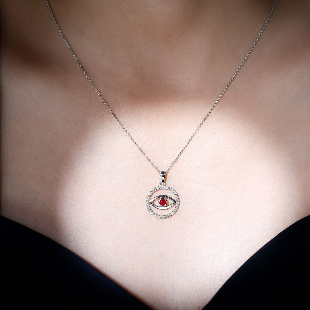 Real Ruby and Diamond Evil Eye Pendant Necklace