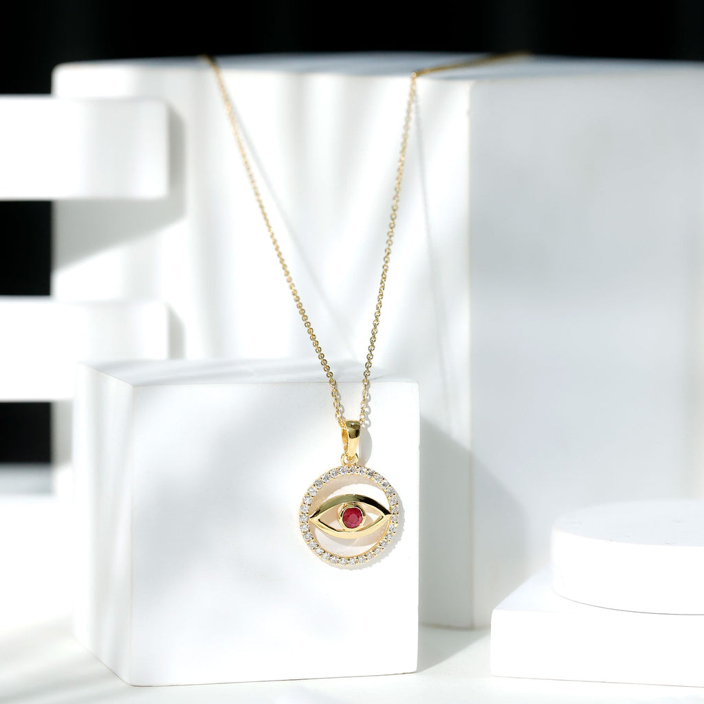 Real Ruby and Diamond Evil Eye Pendant Necklace