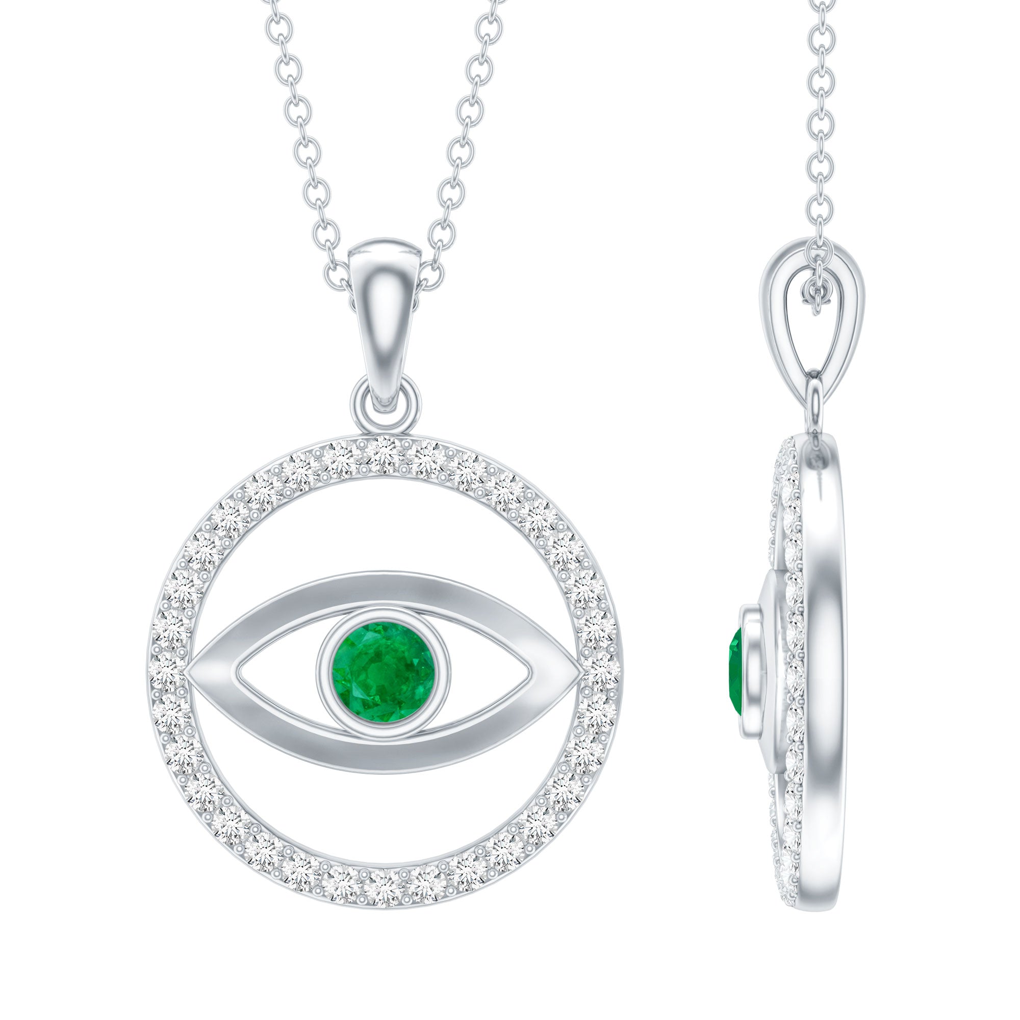 Real Emerald and Diamond Evil Eye Pendant Necklace