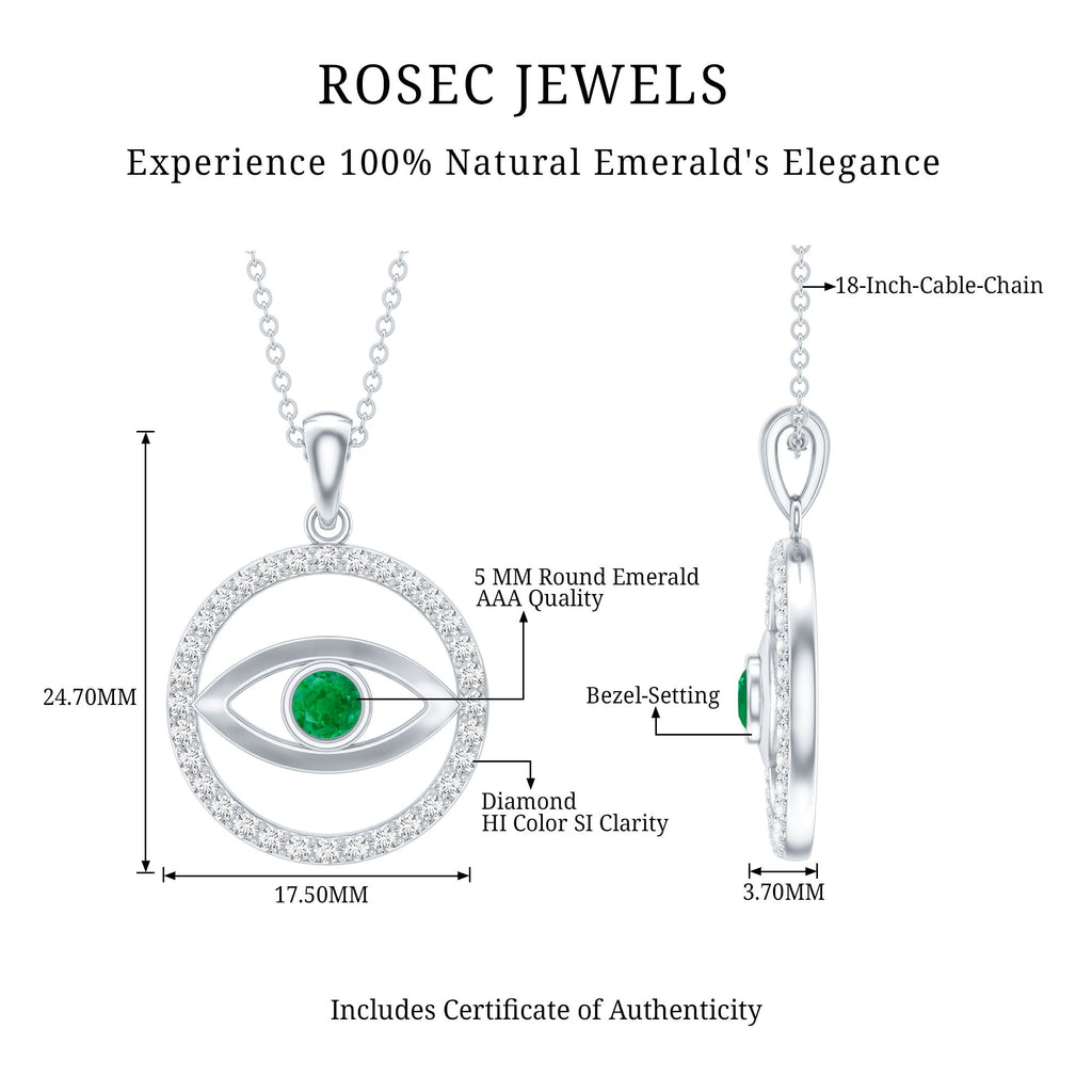 Real Emerald and Diamond Evil Eye Pendant Necklace