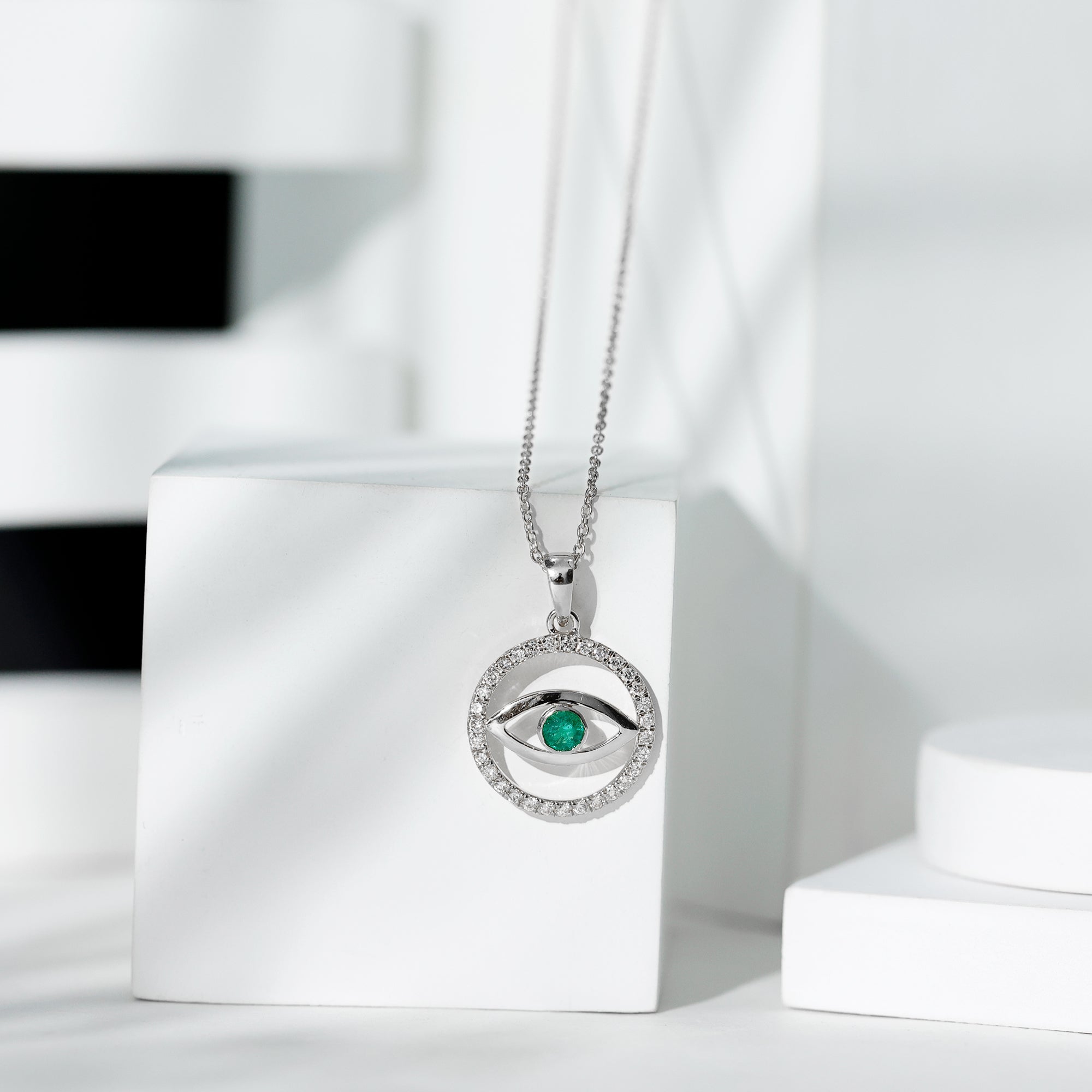 Real Emerald and Diamond Evil Eye Pendant Necklace