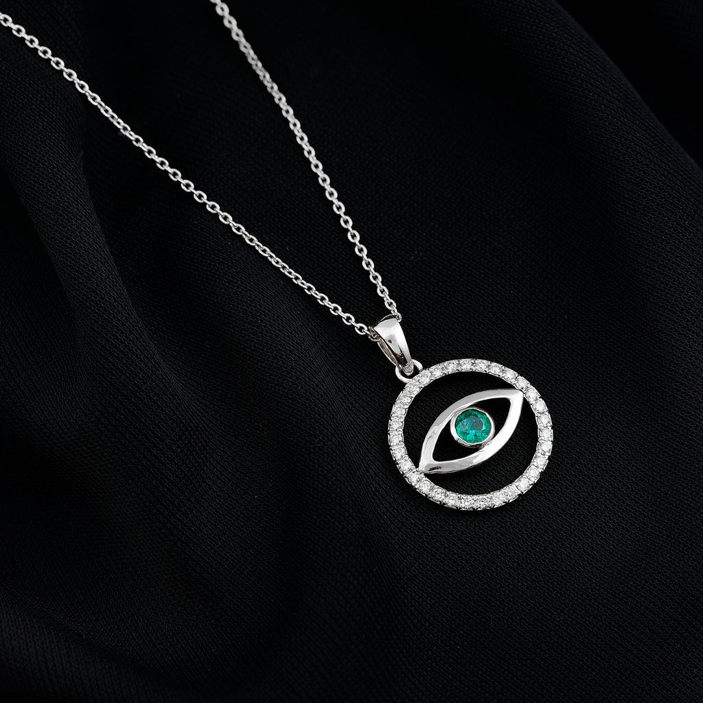 Real Emerald and Diamond Evil Eye Pendant Necklace