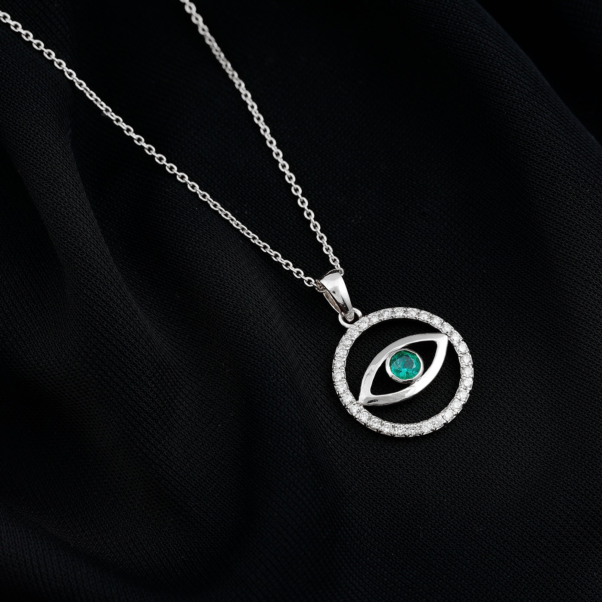 Real Emerald and Diamond Evil Eye Pendant Necklace