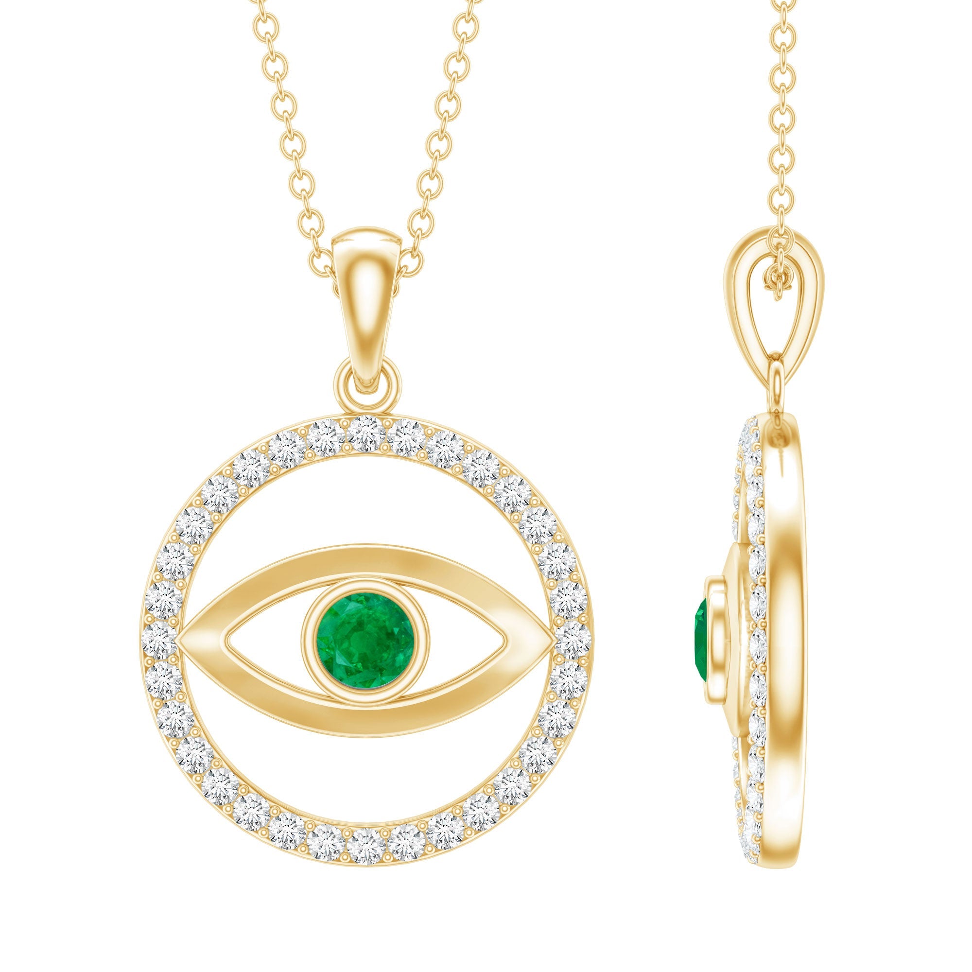 Real Emerald and Diamond Evil Eye Pendant Necklace