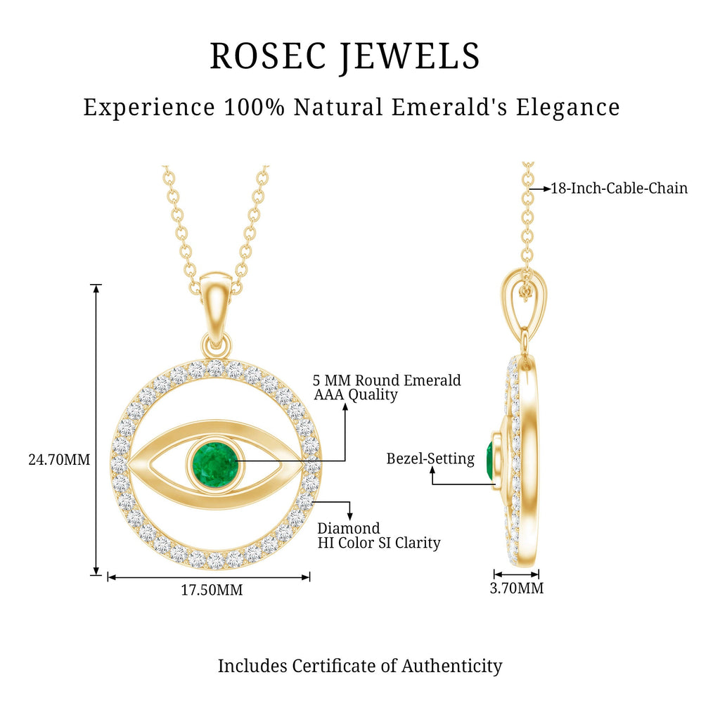 Real Emerald and Diamond Evil Eye Pendant Necklace