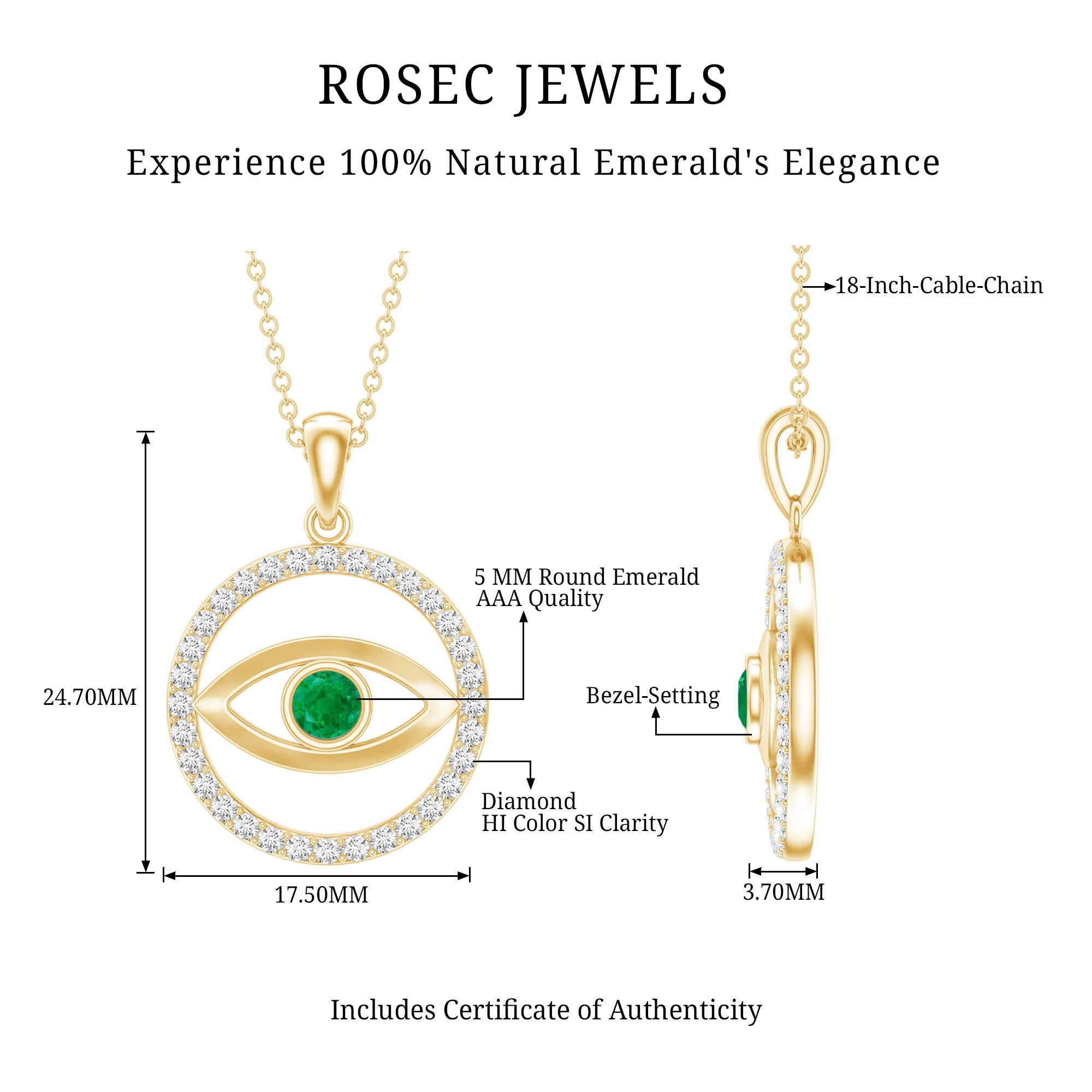 Real Emerald and Diamond Evil Eye Pendant Necklace