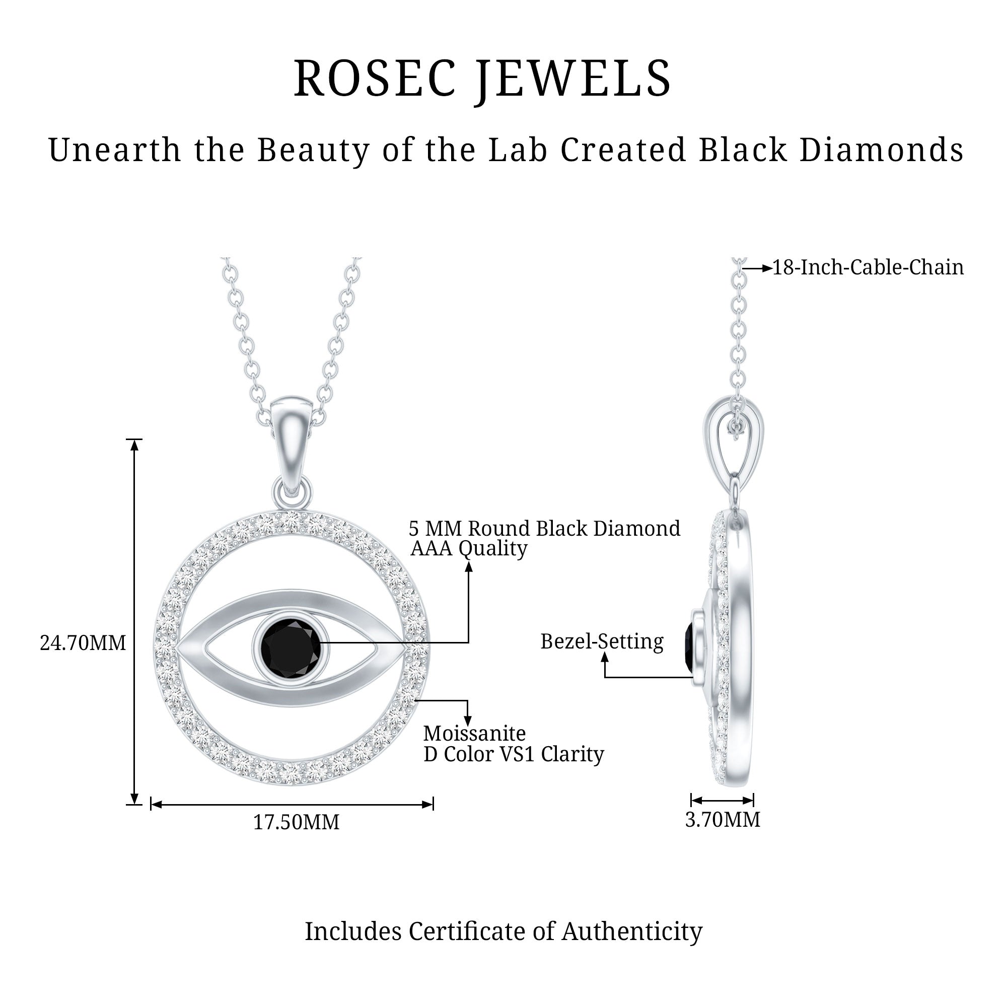 Lab Created Black Diamond Evil Eye Necklace with Moissanite