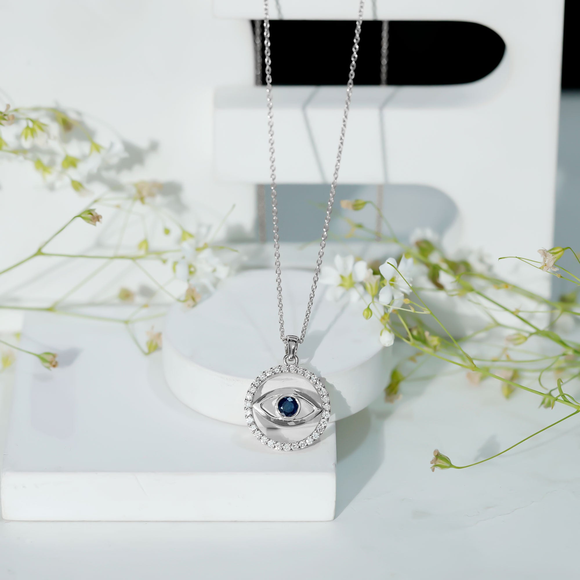 Blue Sapphire and Diamond Evil Eye Eternity Necklace