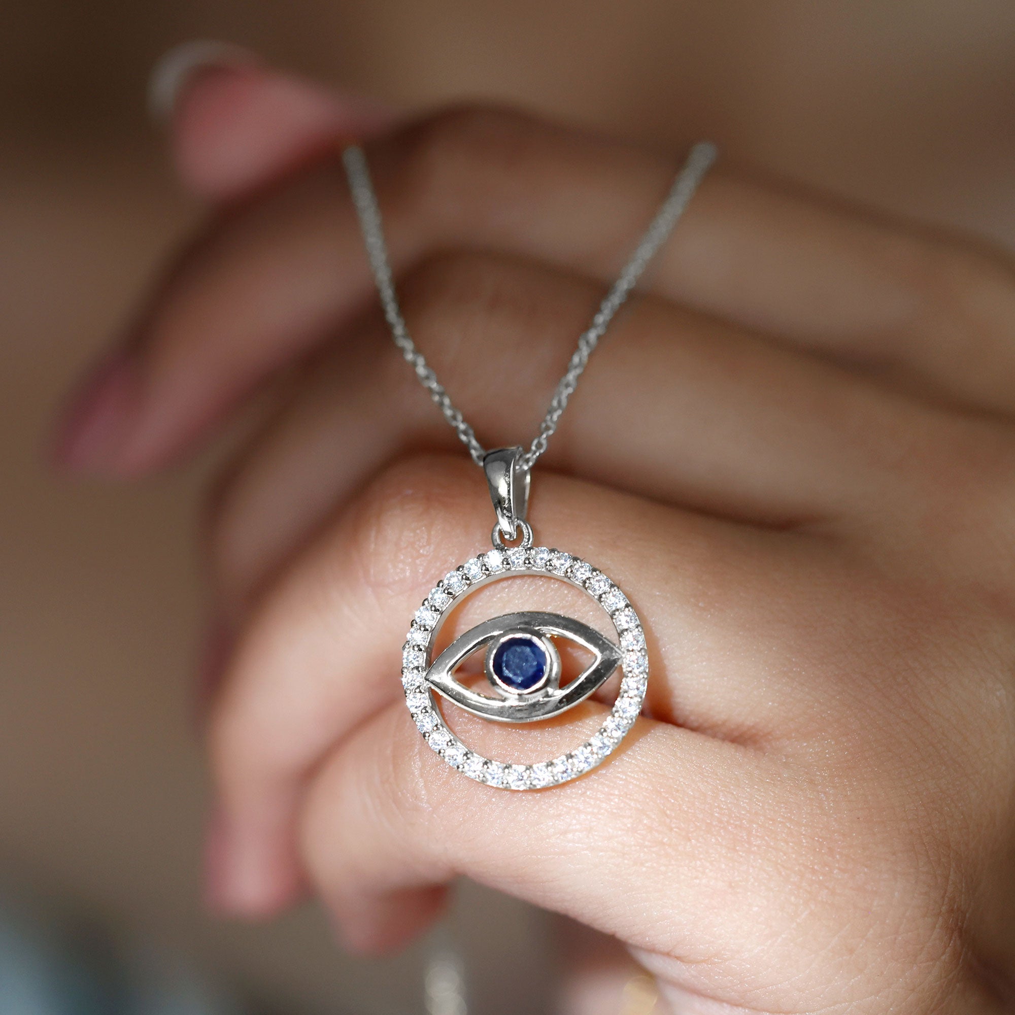 Blue Sapphire and Diamond Evil Eye Eternity Necklace