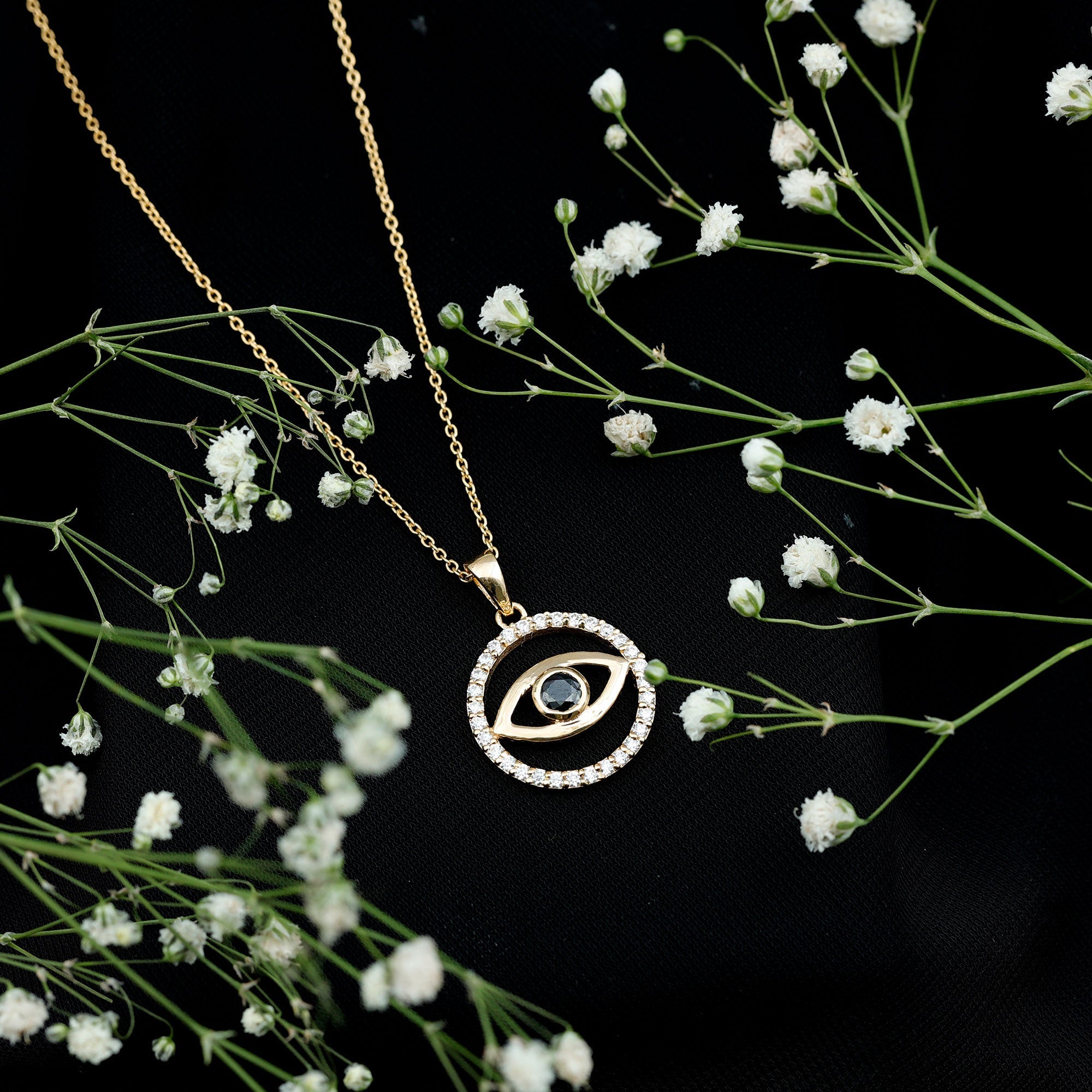 Black Onyx Evil Eye Pendant with Moissanite Eternity Circle