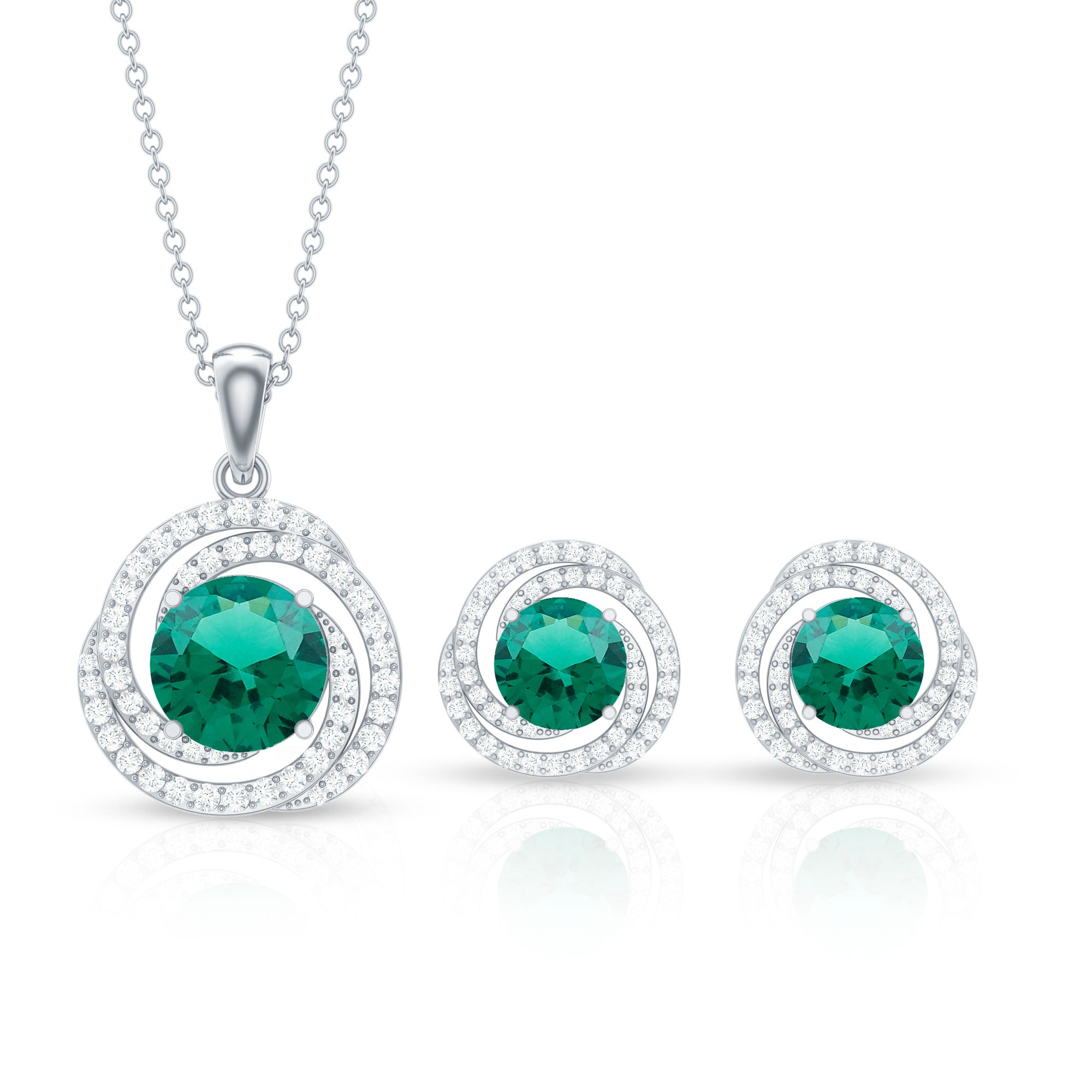 Lab Created Emerald Swirl Necklace and Earrings Set With Moissanite