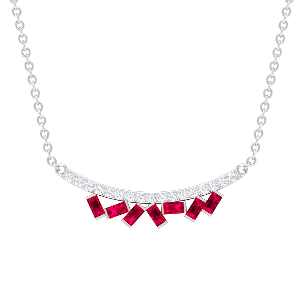 Baguette Cut Ruby Cluster Necklace with Diamond