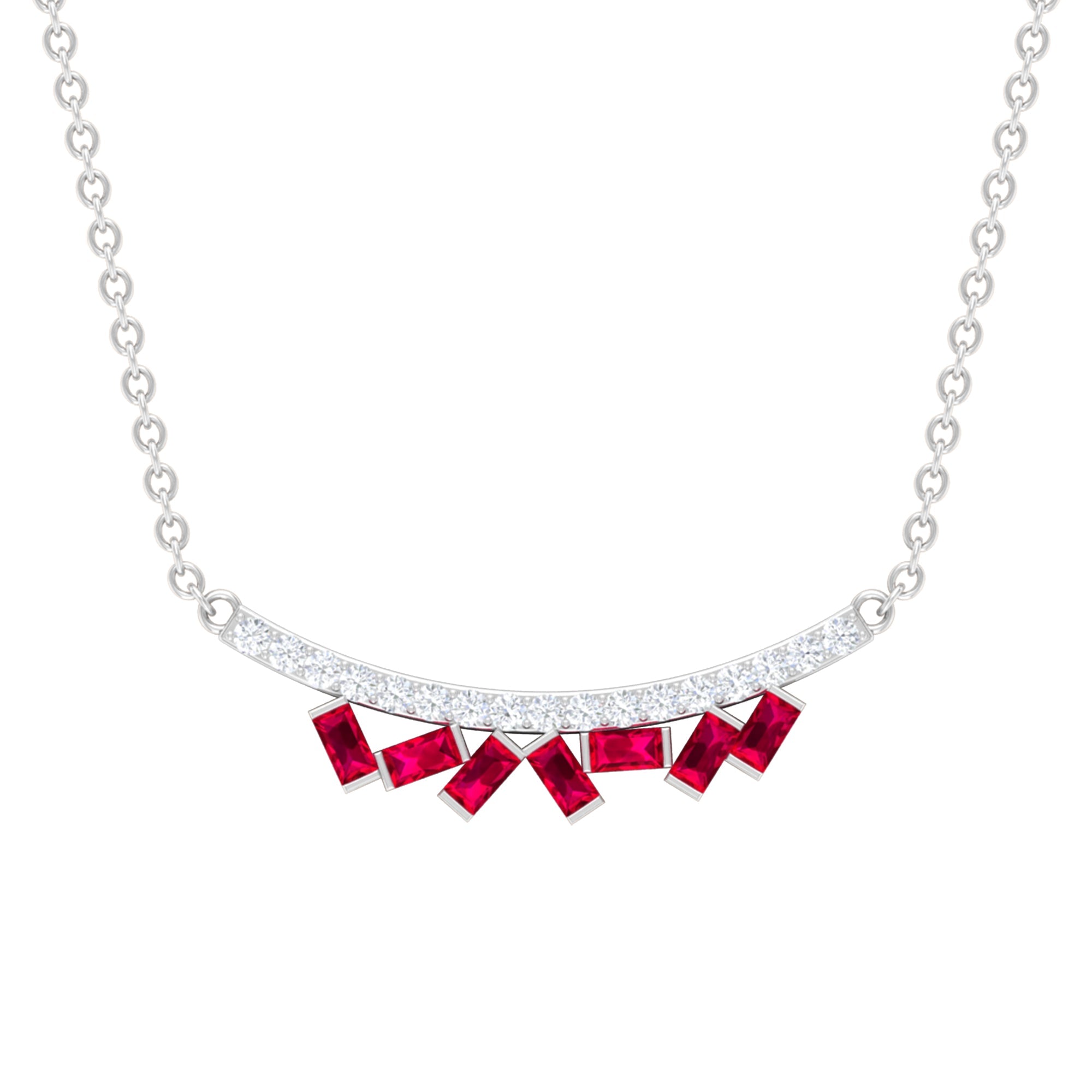 Baguette Cut Ruby Cluster Necklace with Diamond