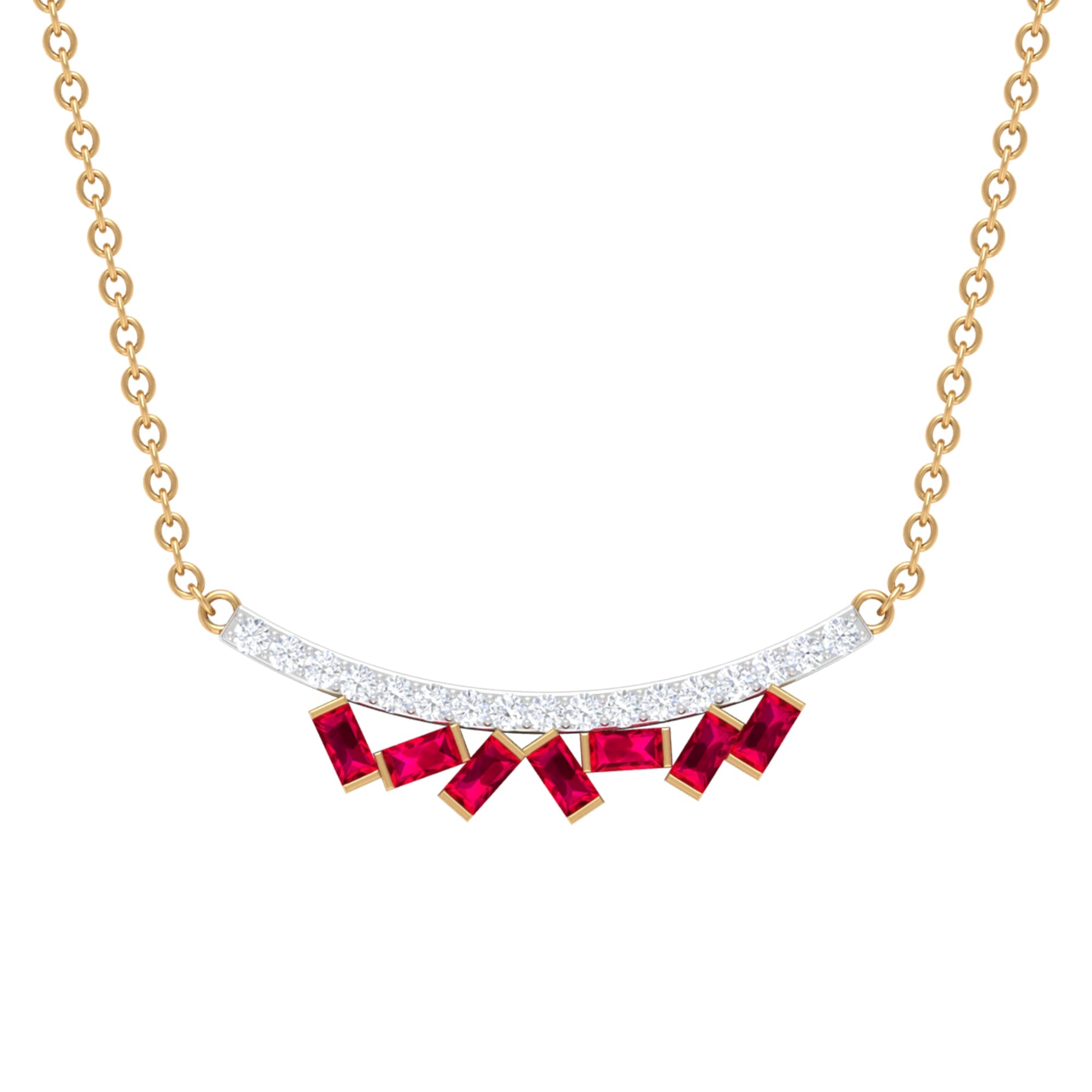 Baguette Cut Ruby Cluster Necklace with Diamond