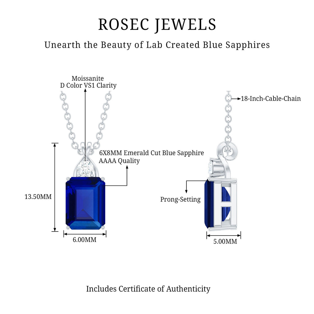 Certified Lab Created Blue Sapphire Emerald Cut Necklace with Chain