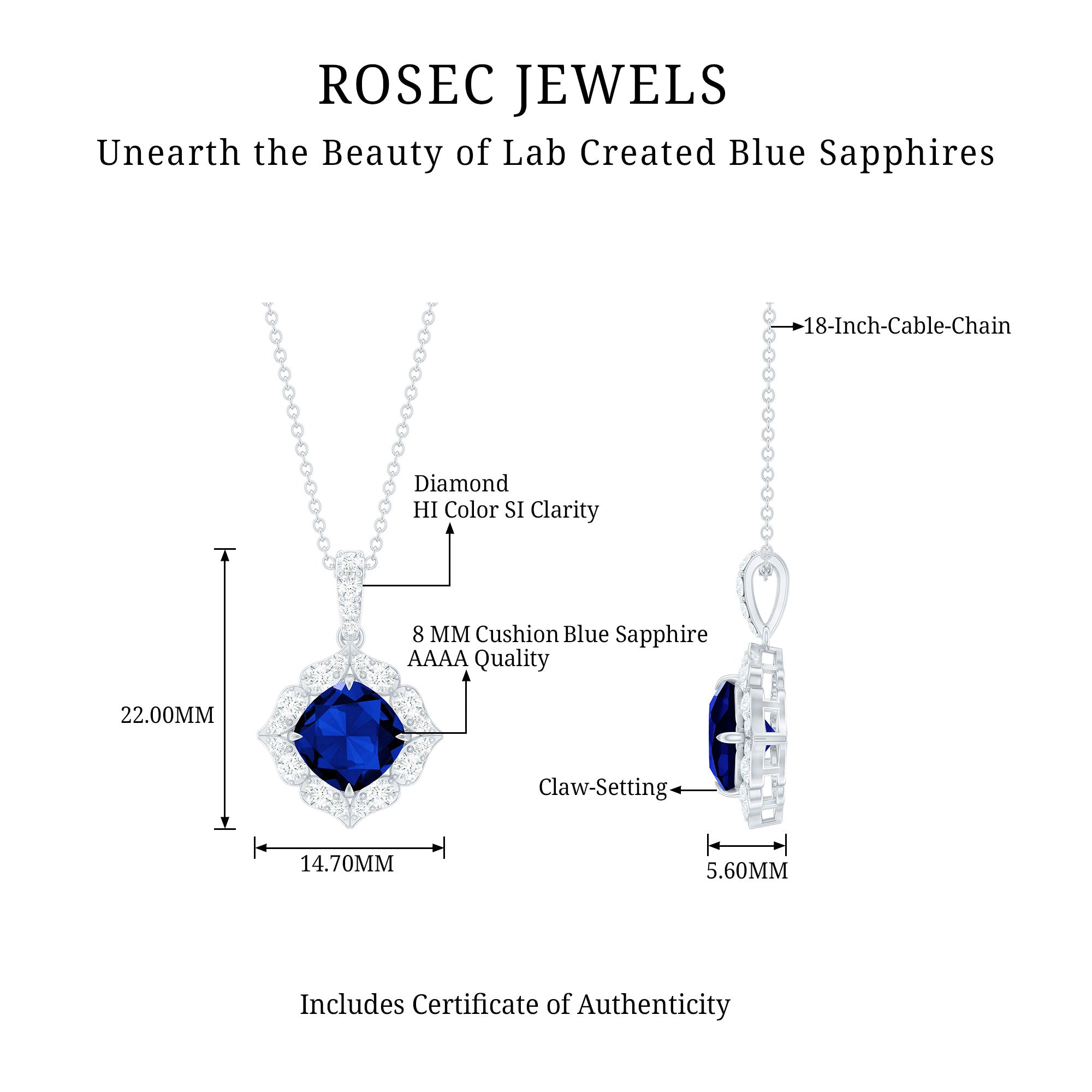 Vintage Inspired Lab Grown Blue Sapphire and Diamond Necklace