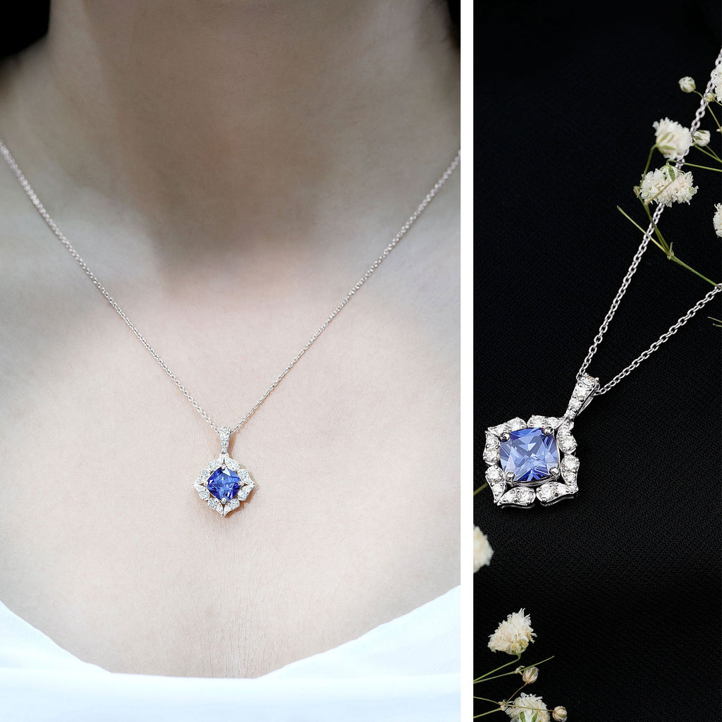 Vintage Inspired Lab Grown Blue Sapphire and Diamond Necklace