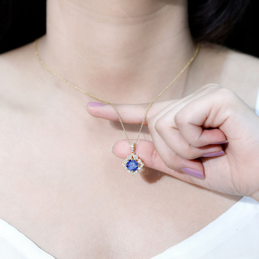 Vintage Inspired Lab Grown Blue Sapphire and Diamond Necklace