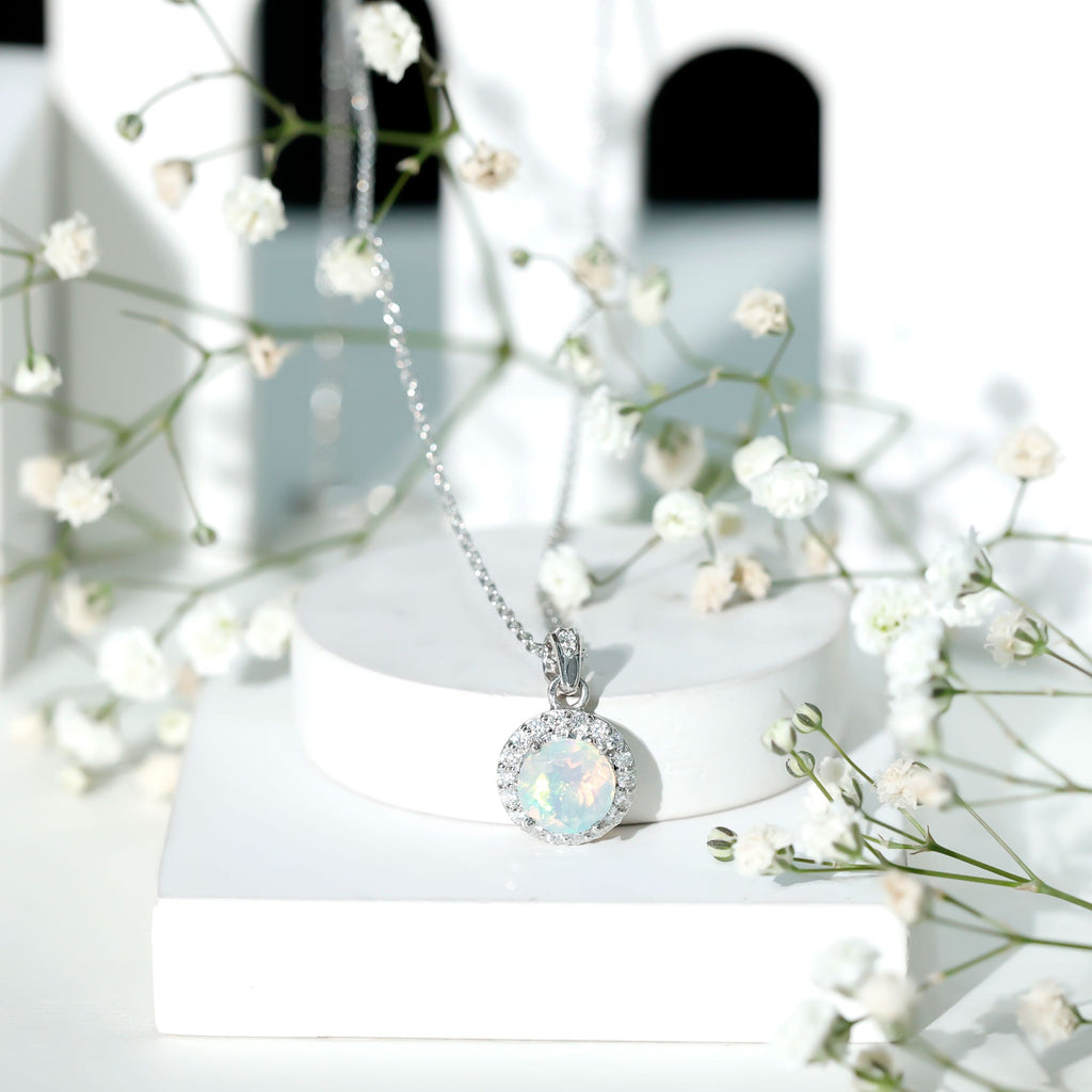 Real Ethiopian Opal Necklace With Moissanite Halo