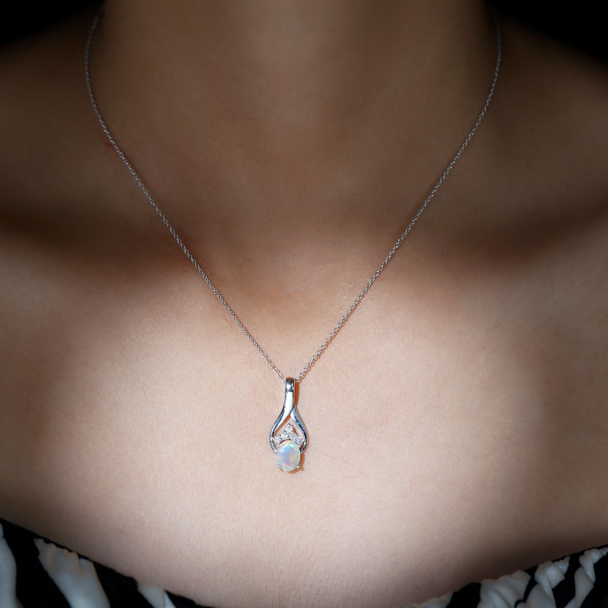 Natural Oval Ethiopian Opal and Moissanite Teardrop Necklace With Chain