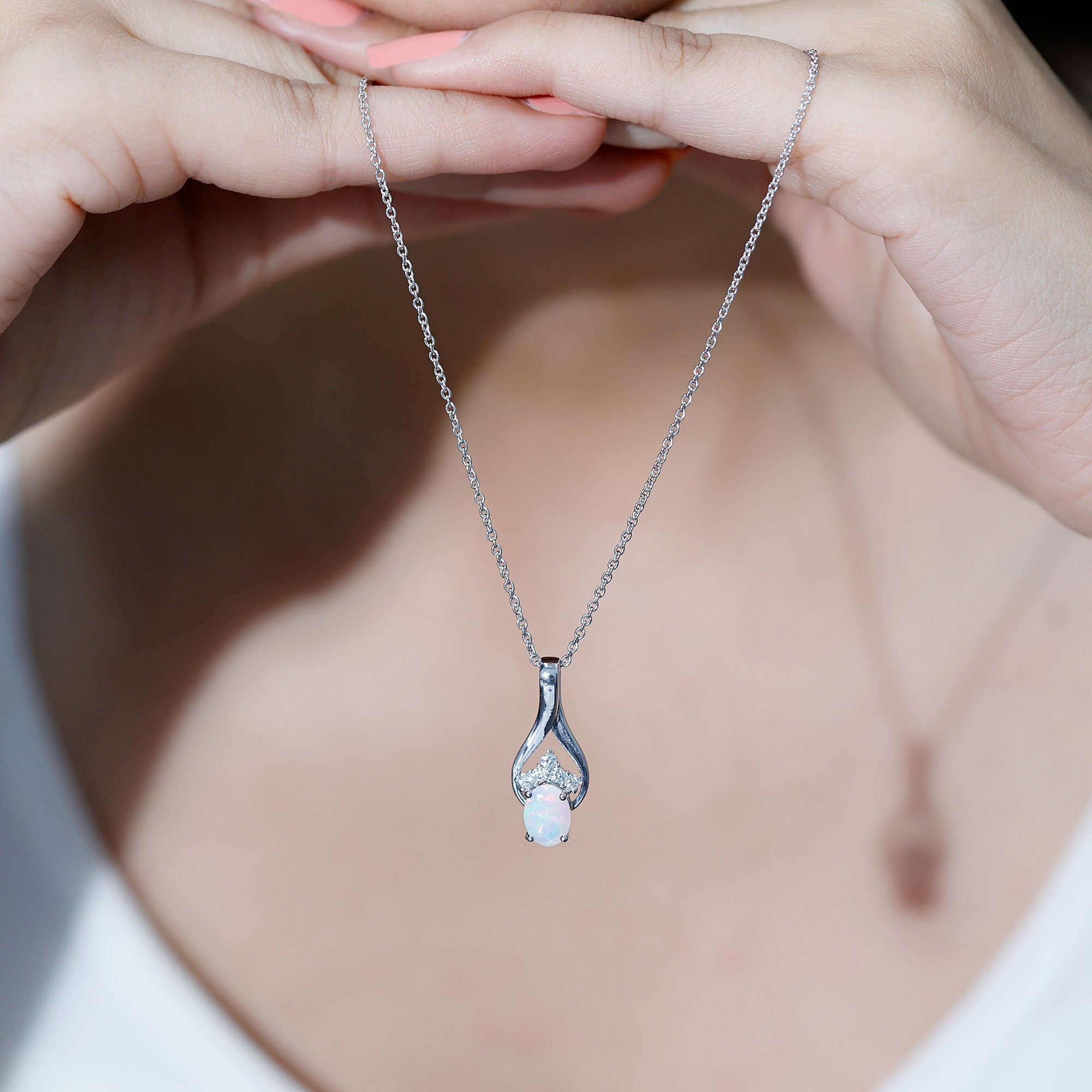 Natural Oval Ethiopian Opal and Moissanite Teardrop Necklace With Chain