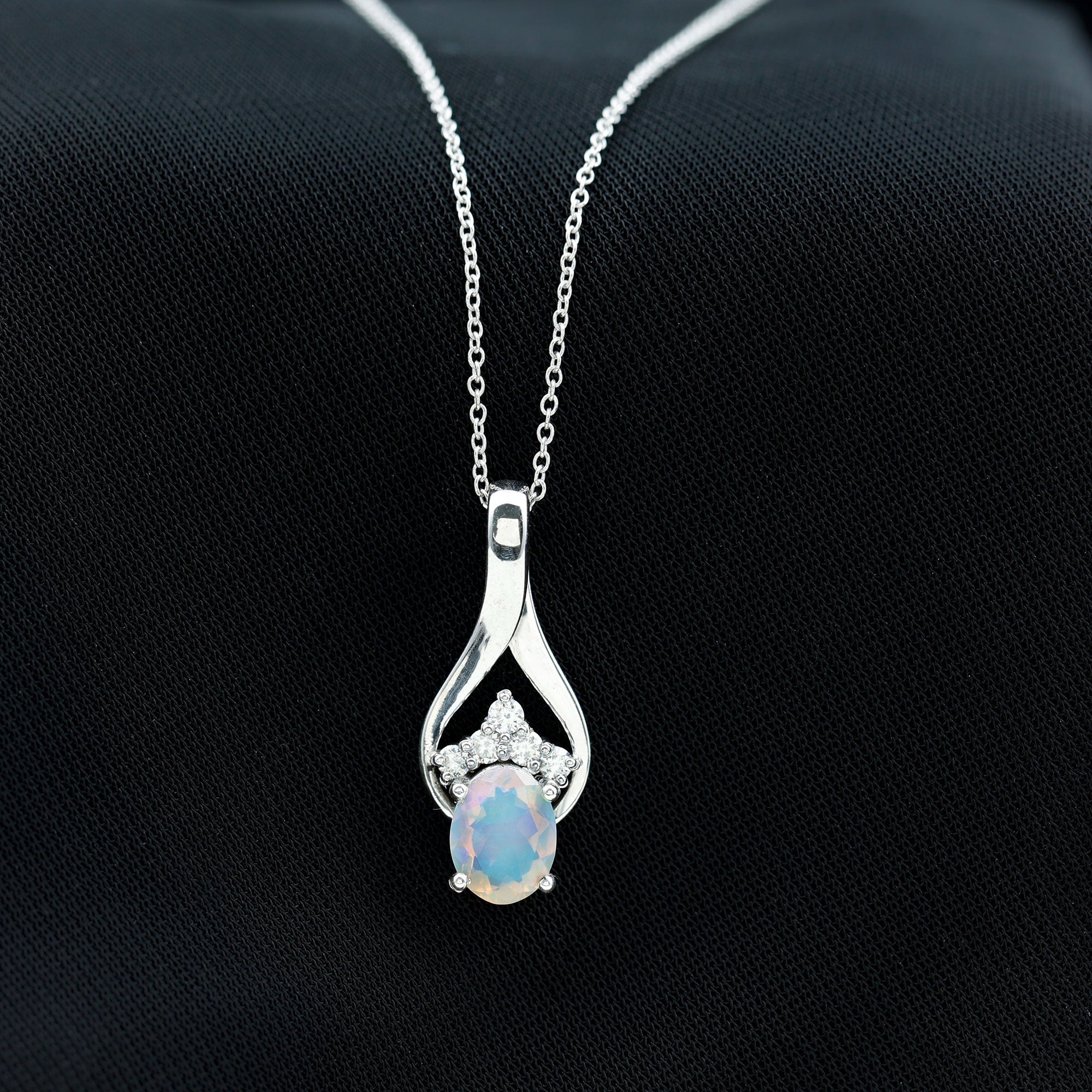 Natural Oval Ethiopian Opal and Moissanite Teardrop Necklace With Chain