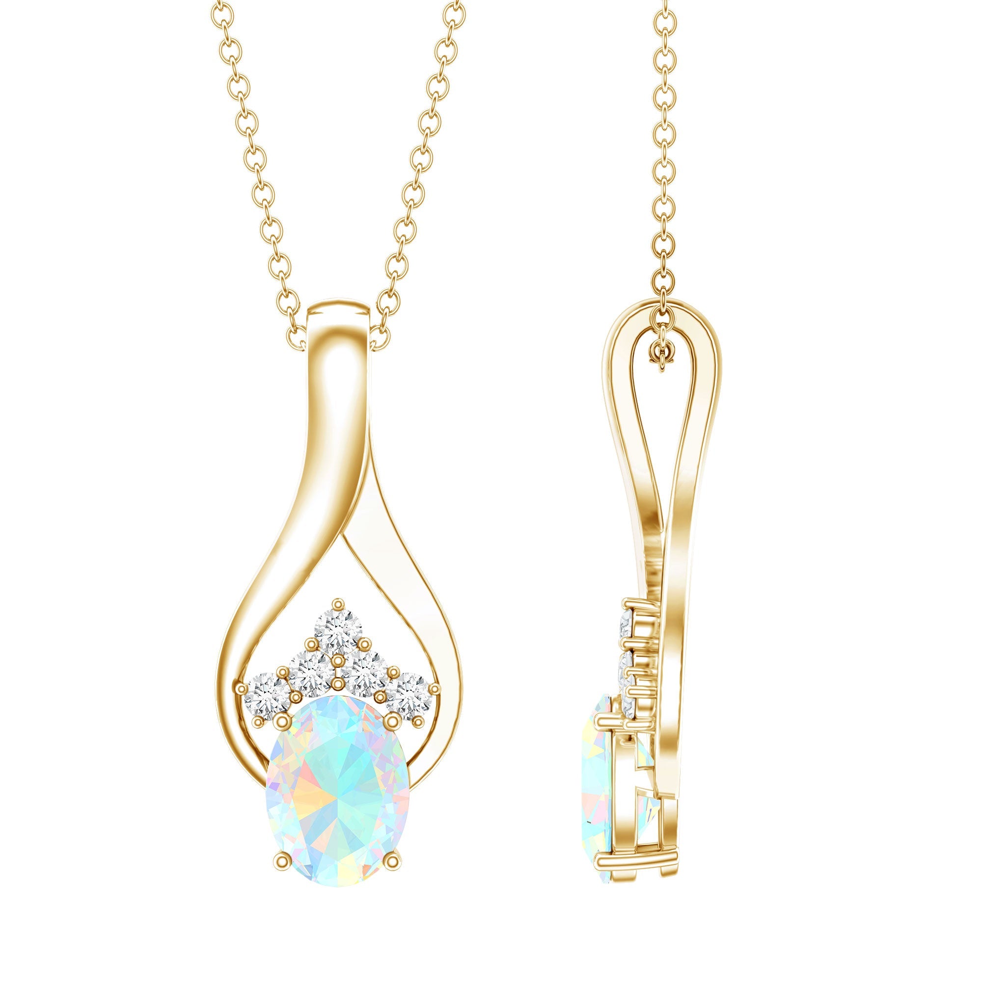 Natural Oval Ethiopian Opal and Moissanite Teardrop Necklace With Chain
